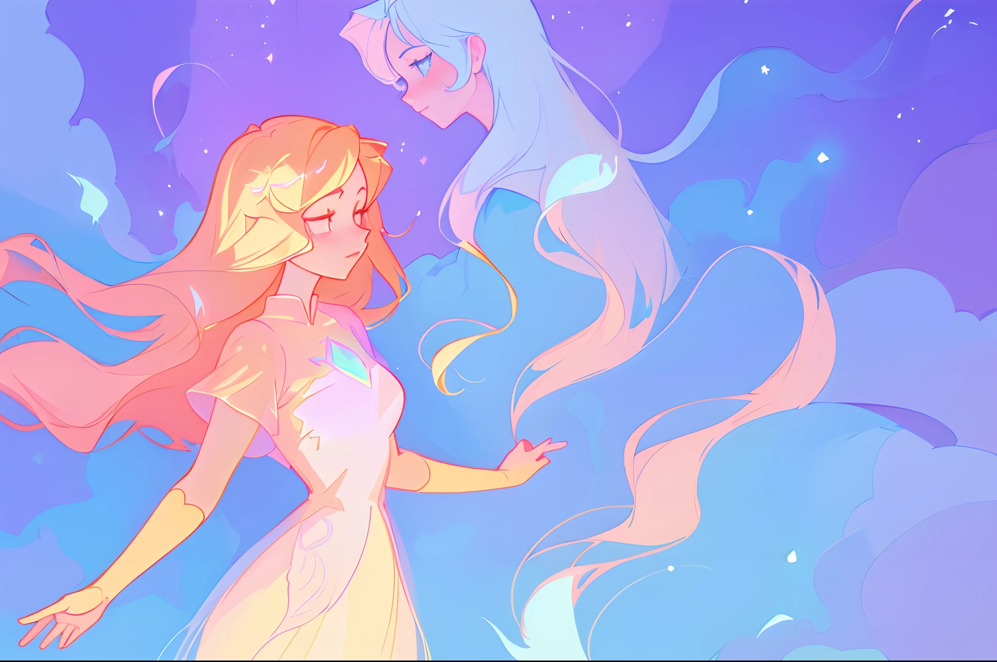anime, a girl with long hair, princess flowing gown, long glowing ethereal hair, glowing flowing hair, flowing glowing hair, anime girl with cosmic hair, beautiful young wind spirit, long glowing hair, beautiful anime art style, beautiful digital illustration, ethereal anime, a beautiful artwork illustration, blonde anime girl with long hair, inspired by Glen Keane, inspired by Lois van Baarle, disney art style, by Lois van Baarle, glowing aura around her, by Glen Keane, jen bartel, glowing lights