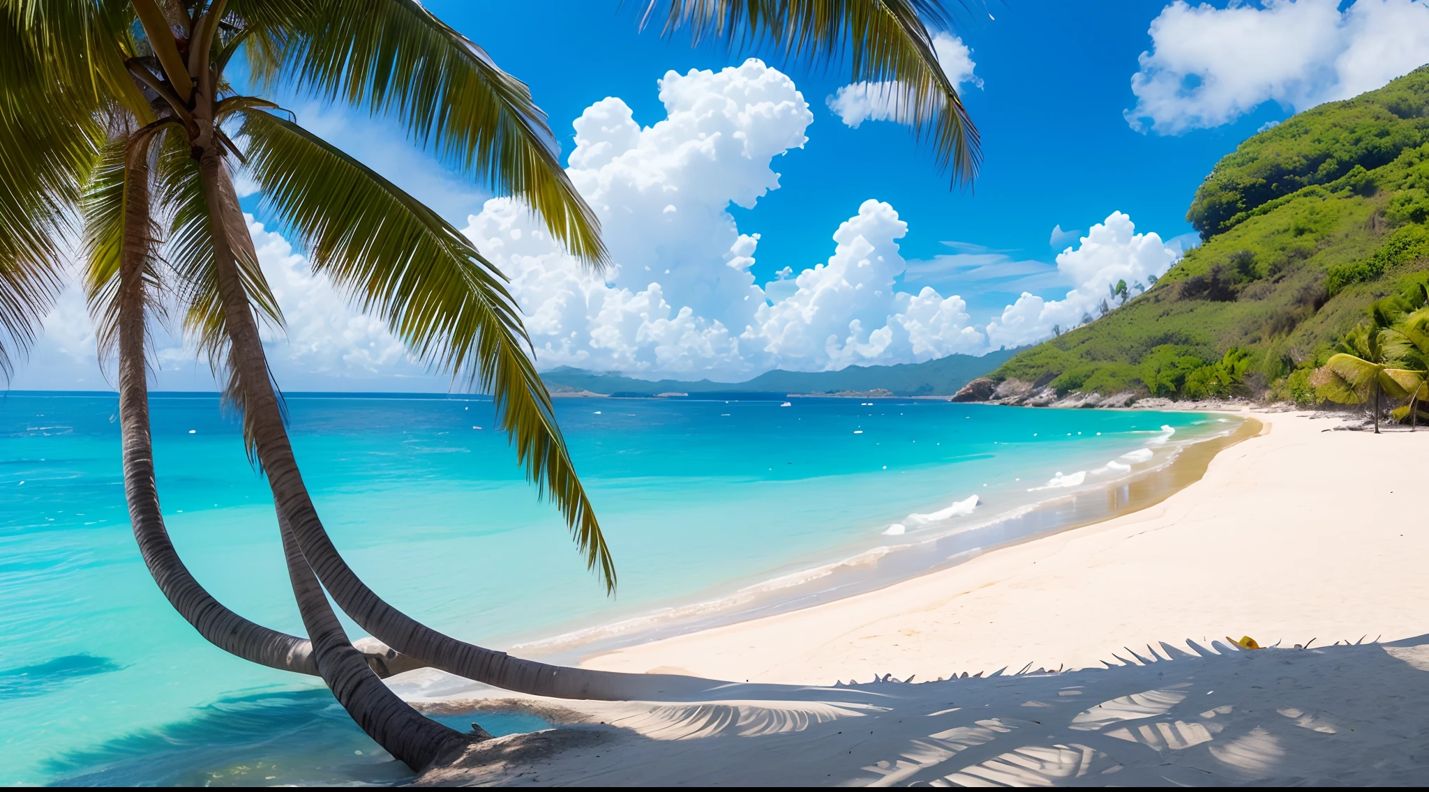 Por favor, Create a perfect picture of a clear blue sky, with a paradisiacal beach, de aguas bem azuis ,com muitos coqueiros, A truly paradisiacal 8k ultra-definition image