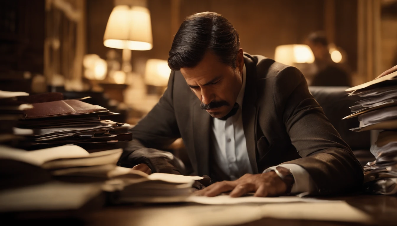 Imagine o Pai Pobre, o pai do autor, como uma figura cansada e preocupada, wearing a worn-out suit as he faces piles of unpaid bills at his desk.