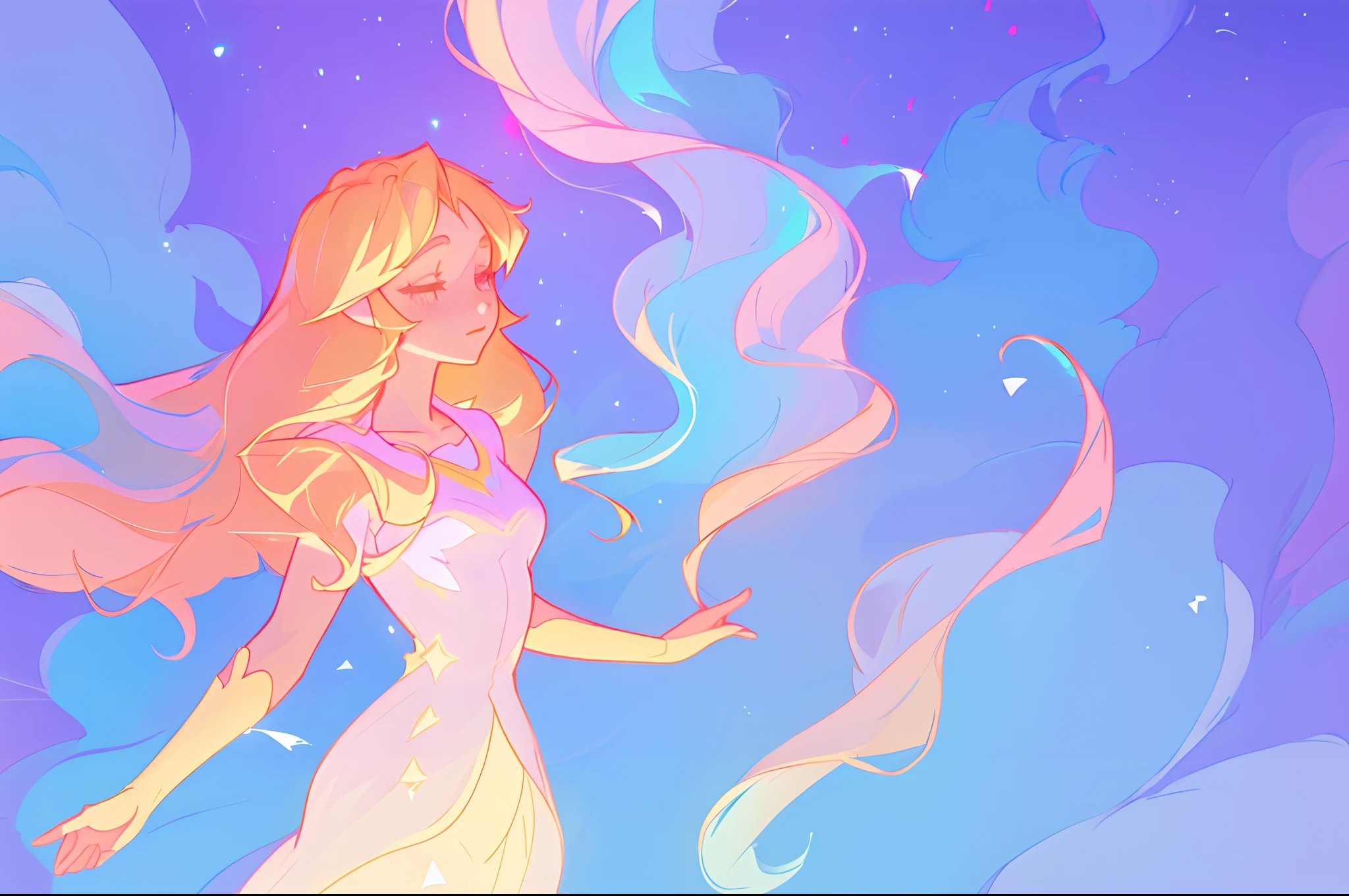 anime, a girl with long hair, princess flowing gown, long glowing ethereal hair, glowing flowing hair, flowing glowing hair, anime girl with cosmic hair, beautiful young wind spirit, long glowing hair, beautiful anime art style, beautiful digital illustration, ethereal anime, a beautiful artwork illustration, blonde anime girl with long hair, inspired by Glen Keane, inspired by Lois van Baarle, disney art style, by Lois van Baarle, glowing aura around her, by Glen Keane, jen bartel, glowing lights
