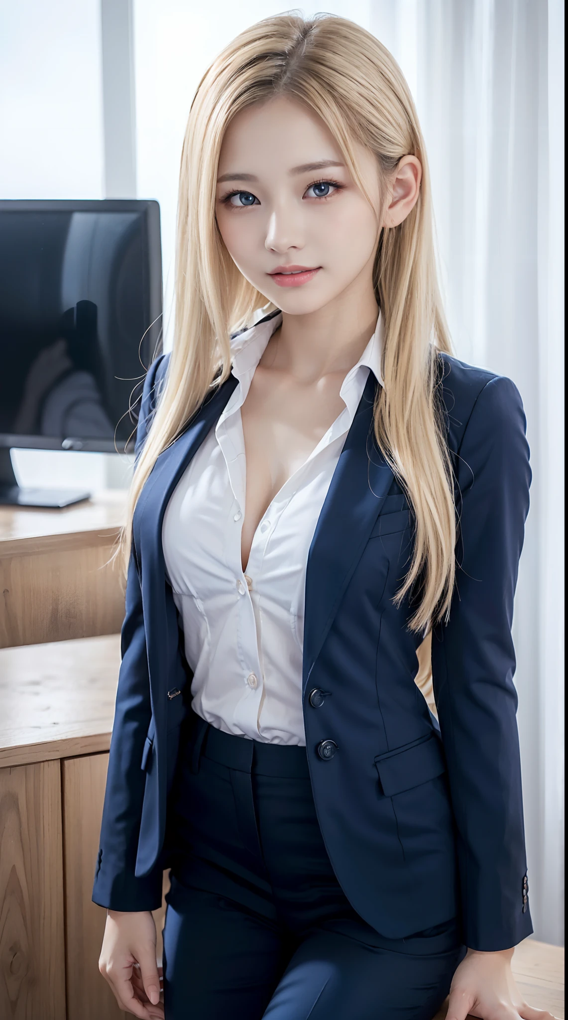high quality，best quality，master piece，8K，hyper real，absurd，panties vibrator，1 girl，office room，blonde，business suit，Divide the tops into left and right，Expose the entire chest，Pen holder skirt，lift up your skirt，I can see my crotch，Stand with your legs stretched，blush，ponytail，wet silk lace panties（white color），Shirt unbuttoned to reveal cleavage、Do not wear ribbons or ties、