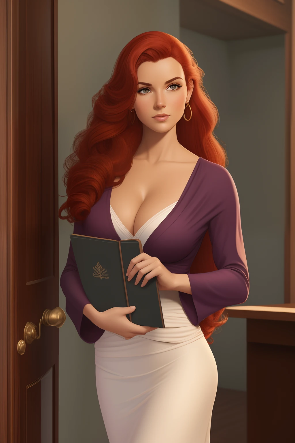 ((sfw))Arte similar Jonh Buscema,1garota,cabelo longo, ruiva,olhos verdes, university tutor, super realistic, middlebreasts, roupas conservadoras e elegantes, olhar sensual, sexy, 4k resolution, Lotes Cameltoe, lotes de dedo de camelo, Sentido Superior, red hair, roupas terno feminino, holding a presence book in your hands,she is standing,imponente e graciosa mulher