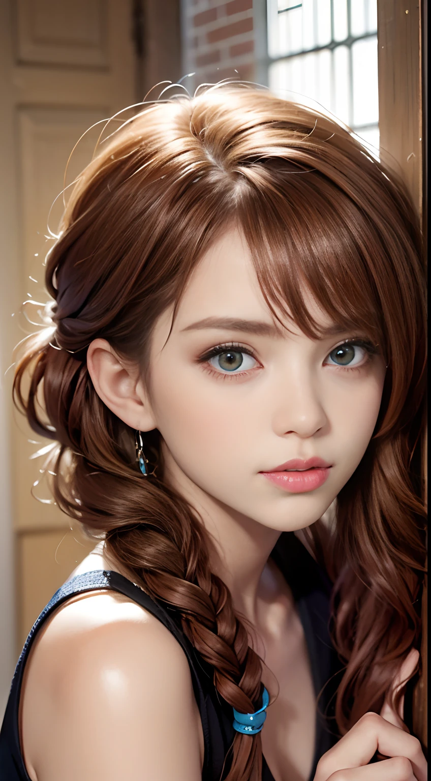 (color puro: 0.9), (Color: 1.1), (Obra maestra: 1,2), La mejor calidad, Obra maestra, High resolution, Texto original en, Fondo de pantalla muy detallado, belleza, victoriano, vestido, triste, petty face, pechos grandes, Color sepia, 22 years old ,cabello rojo, peinado de trenzas , redheard, ginger hair, ojos miel