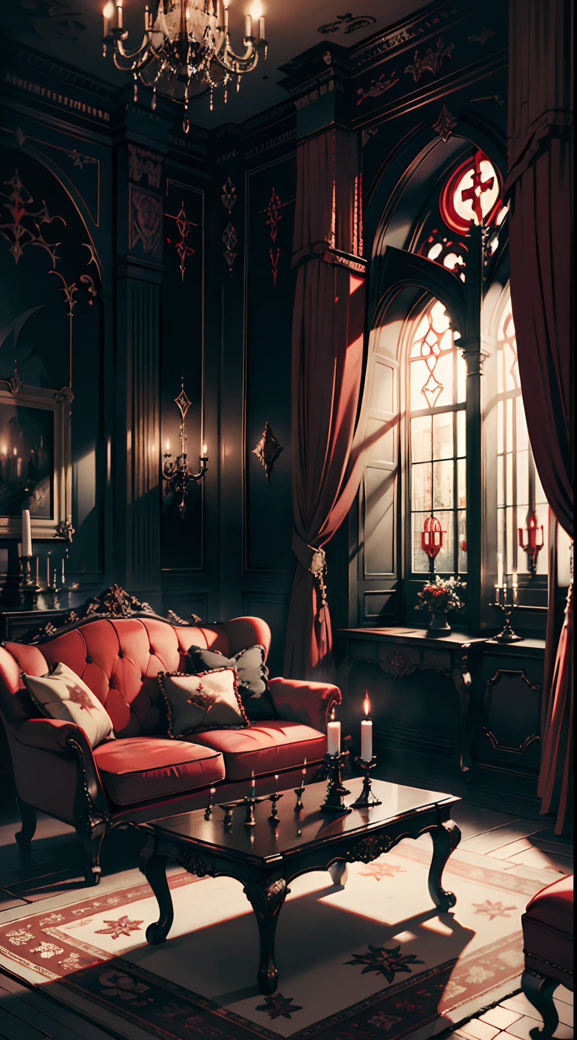 Photography, red sofa, tea table, (Gothic living room, Gothic), Dim light, Gargoyles, Dark wallpaper,curtains, waxy candles, Satan painting, decorations, wooden floor, dawn, dark night