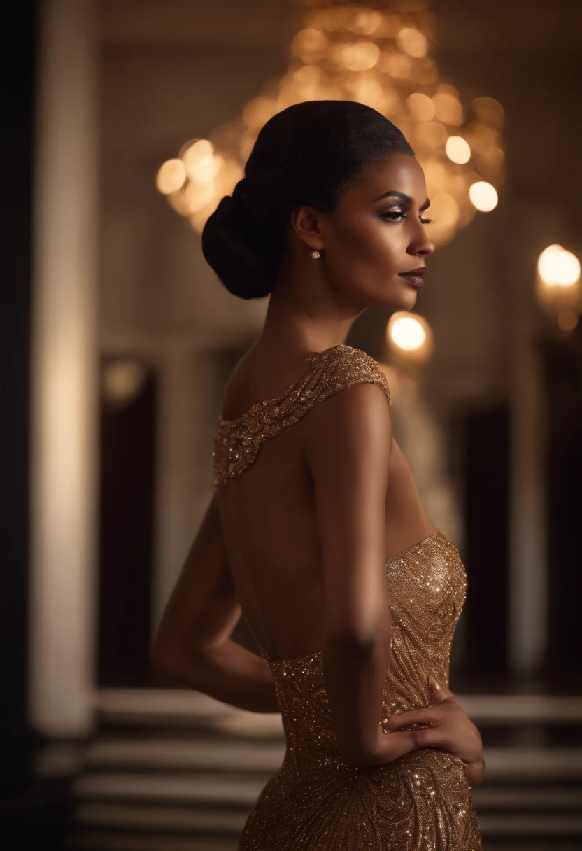 Dark woman caramel color, captivant, Sensuel, Acclaimed organization, corps charnu et semi-large, Corps avec de grandes courbes, evening dress, Robe avec des diamants, Robe avec brillance, Robe brillante, Golden dress, cheveux longs, look attrayant, posture frontale, depth camera, Plan large, Plan large, long shot, High definition, 8k, photoreallistic