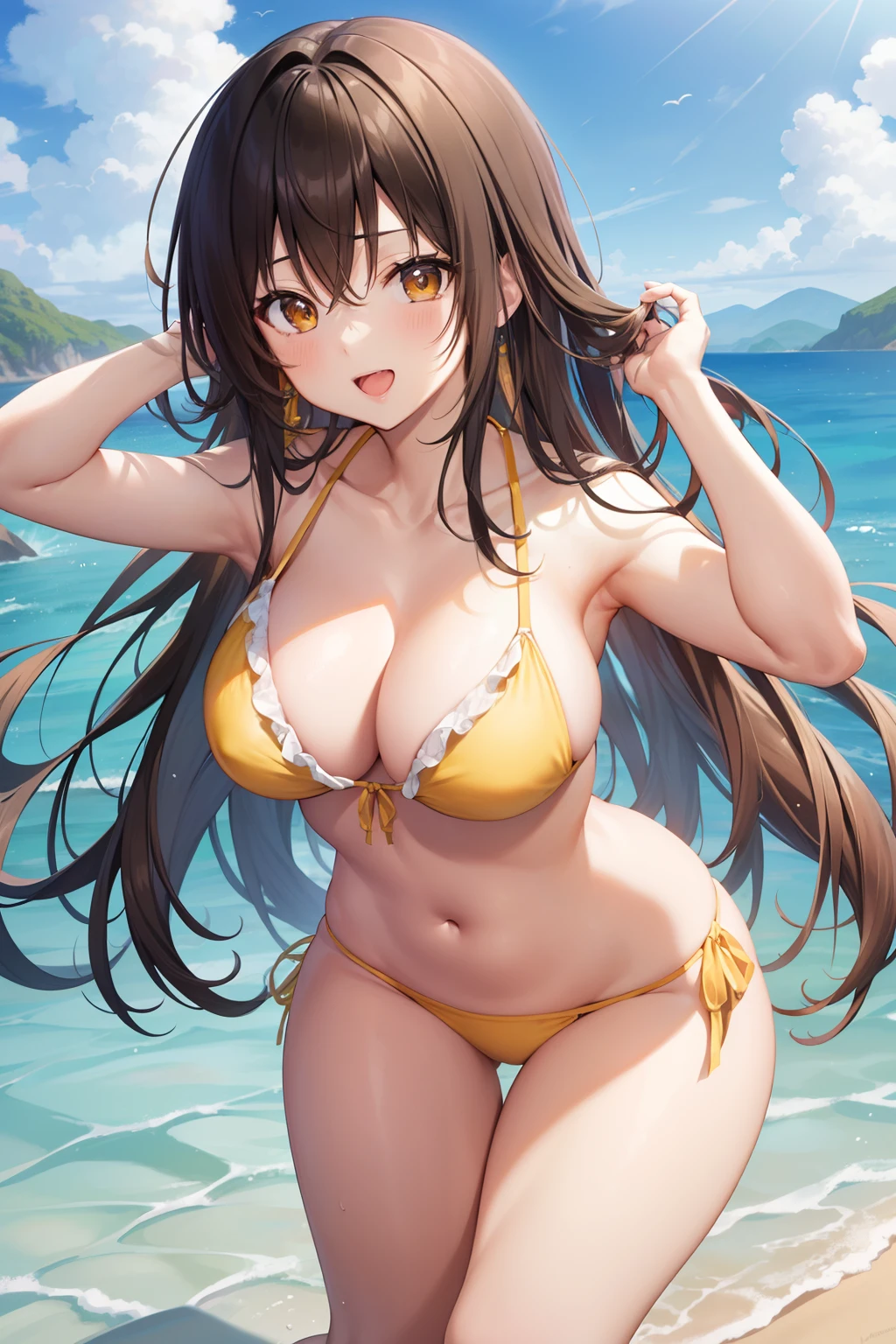 Kotegawayui, Yui Kotegawa, 独奏、Black hair, (Brown eyes:1.5), Long hair, BREAK looking at viewer, BREAK (masutepiece:1.2), Best Quality, High resolution, Unity 8k壁纸, (Illustration:0.8), (Beautiful detailed eyes:1.6), extra detailed face, Perfect Lighting, extremely details CG, (Perfect hands, Perfect Anatomy),Naughty big、large full breasts、(the beach)、(Yellow Bikini:1.3)、Smile with open mouth