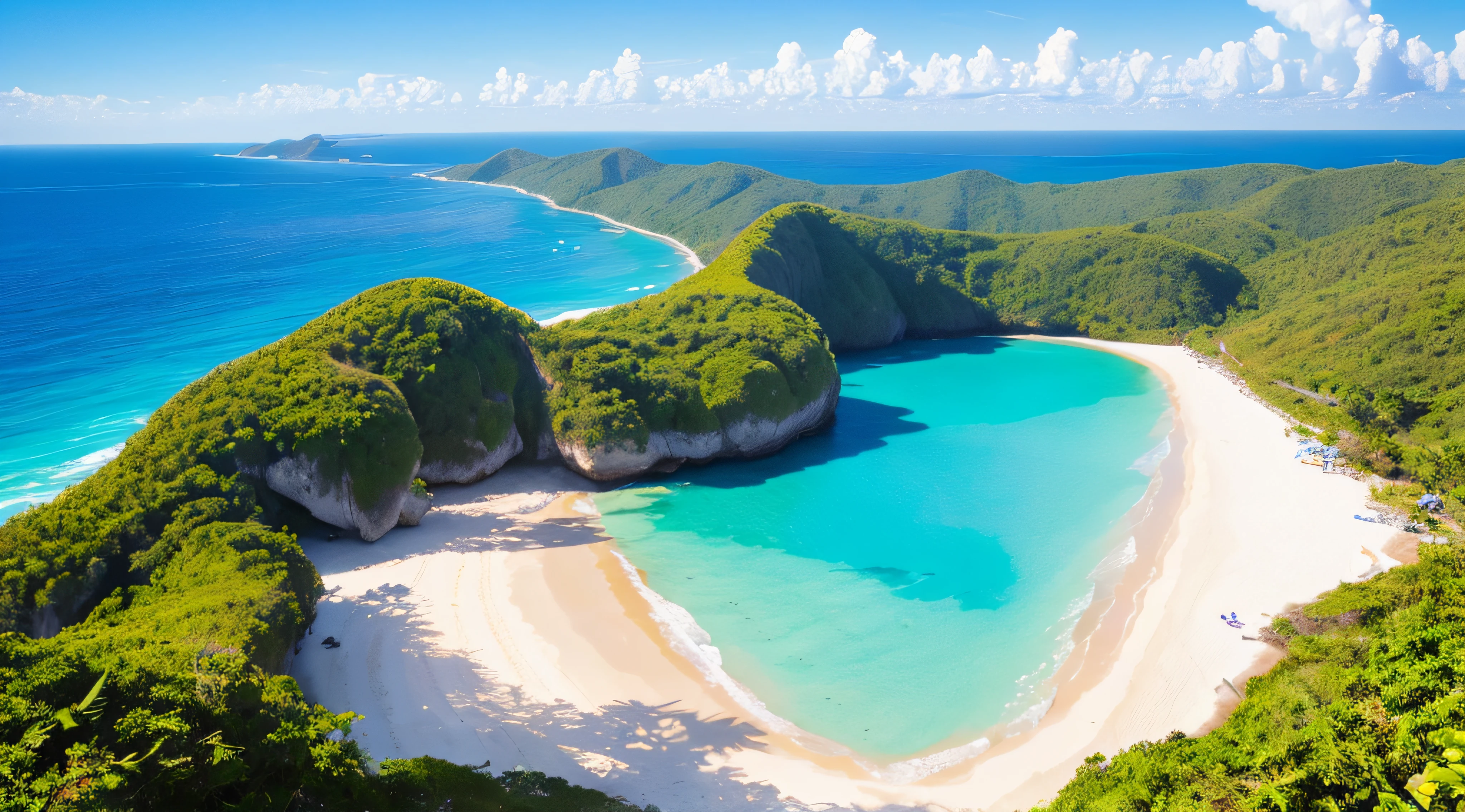 Por favor, Create a perfect picture of a clear blue sky, with a paradisiacal beach, de aguas bem azuis ,com muitos coqueiros, A truly paradisiacal 8k ultra-definition image