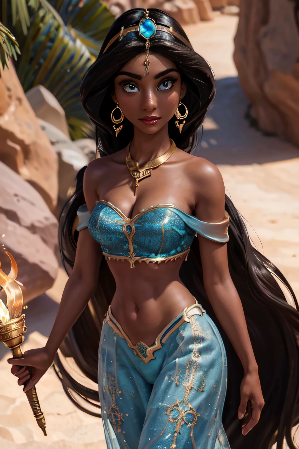 (Masterpiece, Best Quality, Highres:1.2), Detailed, Intricate Details, 4K,
1Girl, (Solo:1.2), jasmine, long hair, breasts, black hair, navel, cleavage, bare shoulders, brown eyes, jewelry, earrings, midriff, dark skin, necklace, off shoulder, blurry, dark-skinned female, crop top, blue shirt, clenched hands, circlet, off-shoulder shirt, arabian clothes, lshe is holding a torch, background at the caves of Aladin, dark place, sorrounded by rocks, looking at viewer,