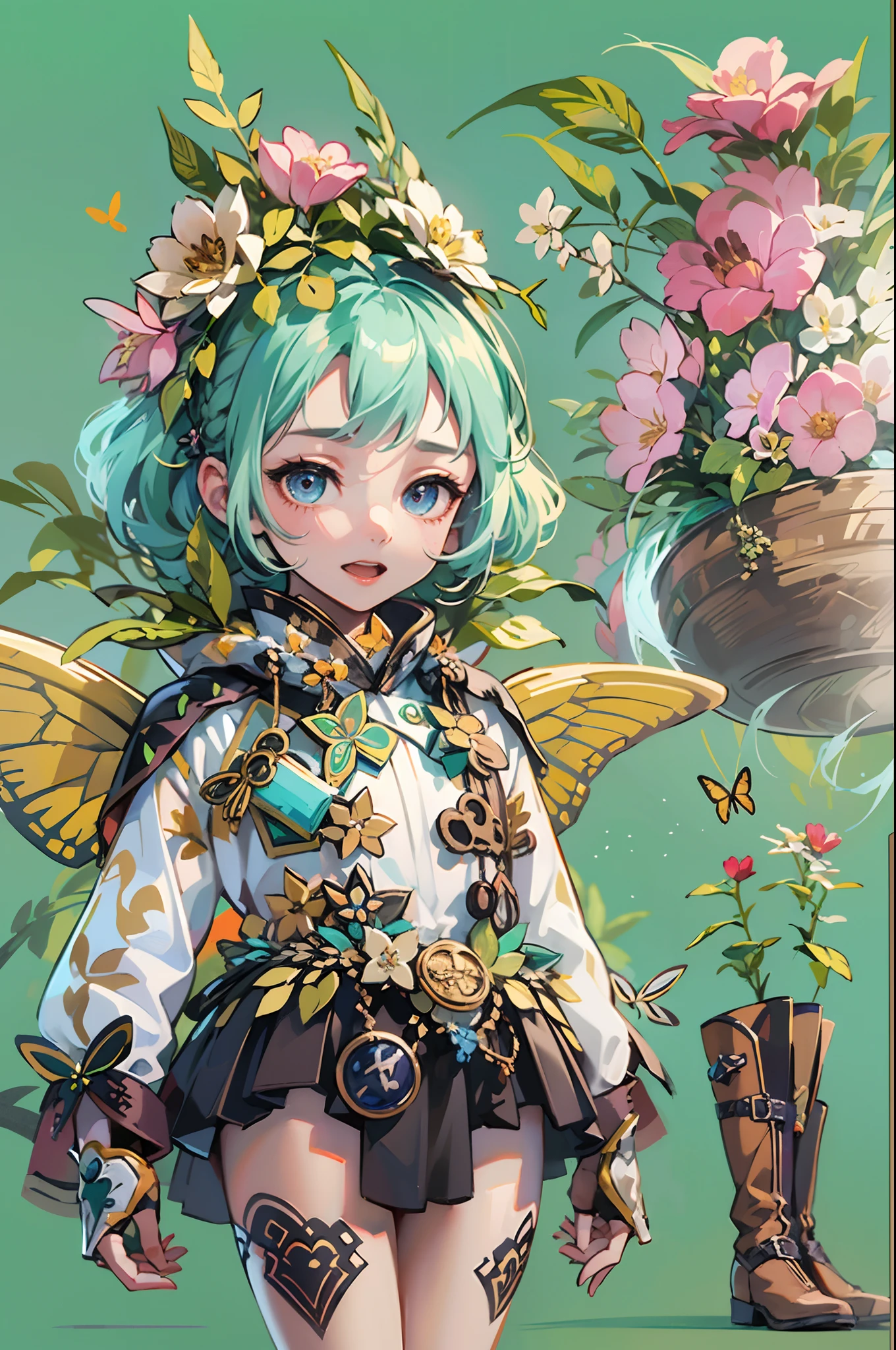 Octane Render、(Hyper-detailing: 1.15)、cinematic lightening、Taken from behind、Cute Fantasy Princess、Handgun shooting practice、Fine Pattern Pistol,long boots、ultradetailed eyes、Full Paint、（Floral hair ornament、butterfly hair ornament）、masutepiece、Anatomically correct、blur、depth of fields