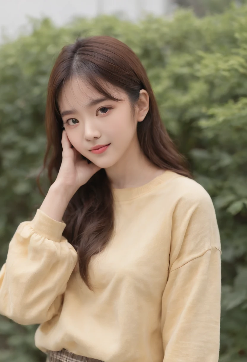 top-quality, Photorealsitic, ​masterpiece, 8K, Hi-Res, 独奏, 1girl, (((infp young woman))),、full bodyesbian、(small tits), ((Look at viewers)), (look at a camera), ((Various hairstyles close to long)）、Perfect straight black hair、With bangs、 (profetional lighting), Highly detailed bright face、Gentle Japan girl、Lovely smile face yellow t-shirt（long-sleeve）、Checked pleated skirt、Standing in front of a white wall