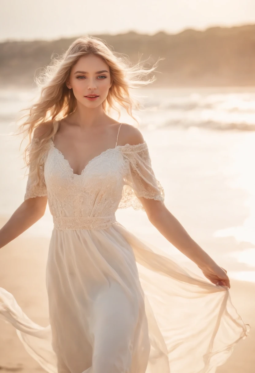 (beautiful detailed eyes,beautiful detailed lips,extremely detailed eyes and face,long eyelashe),,(sand,waves,sunshine), (soft sand under feet,warm breeze,sparkling water), [seagulls flying in the sky],[vivid colors, vivid blue sky], (golden sunlight,soft shadows),(girl wearing a flowy white dress, barefoot),(carefree, happy expression),(blonde hair flowing in the wind),[sunglasses reflecting the beach scene],