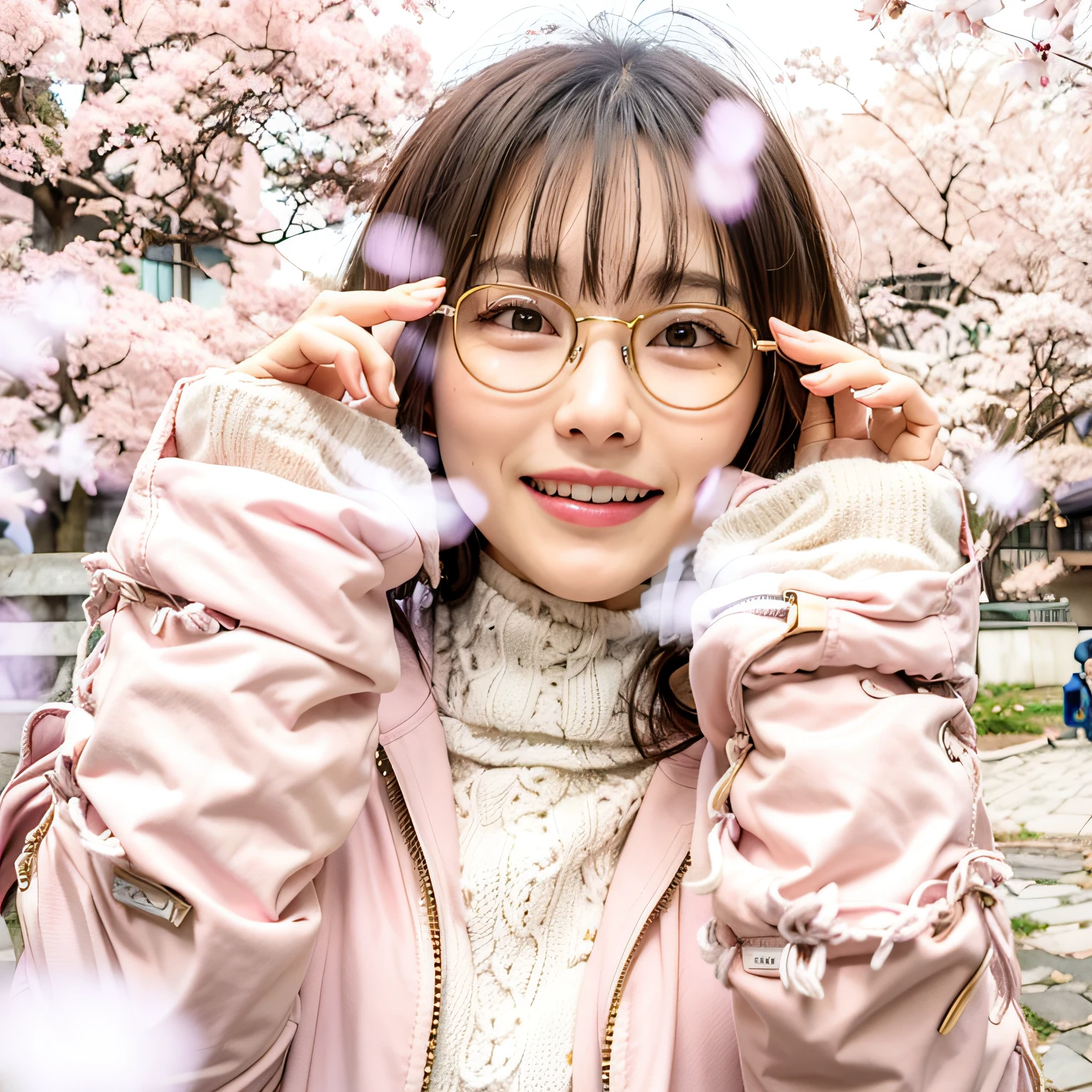 Wearing glasses、Smiling woman in light pink jacket and white sweater、a park