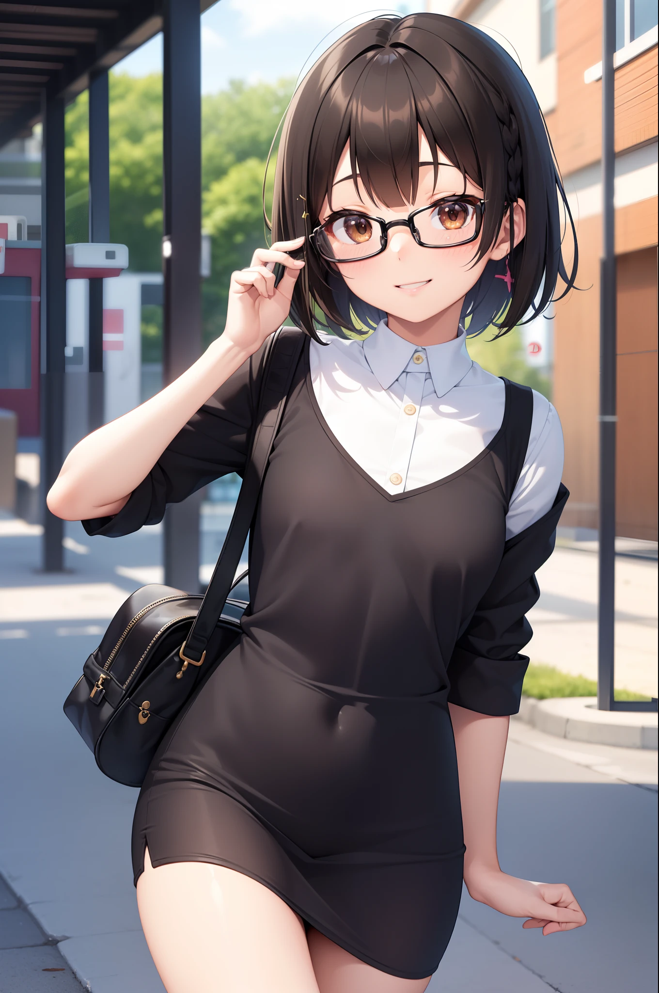 (masutepiece, Best Quality, Capture super cute moments, depth of fields, ultra-detailliert, Ultra High Resolution, C4D, Octadale, 3D Modeling, 8K, 16 K, one girls、a junior high school student、A dark-haired、short-hair、straight haired、Light brown eyes,hair adornments、wearing black glasses、A smile)、Slender body、small tits、Officelady、校服