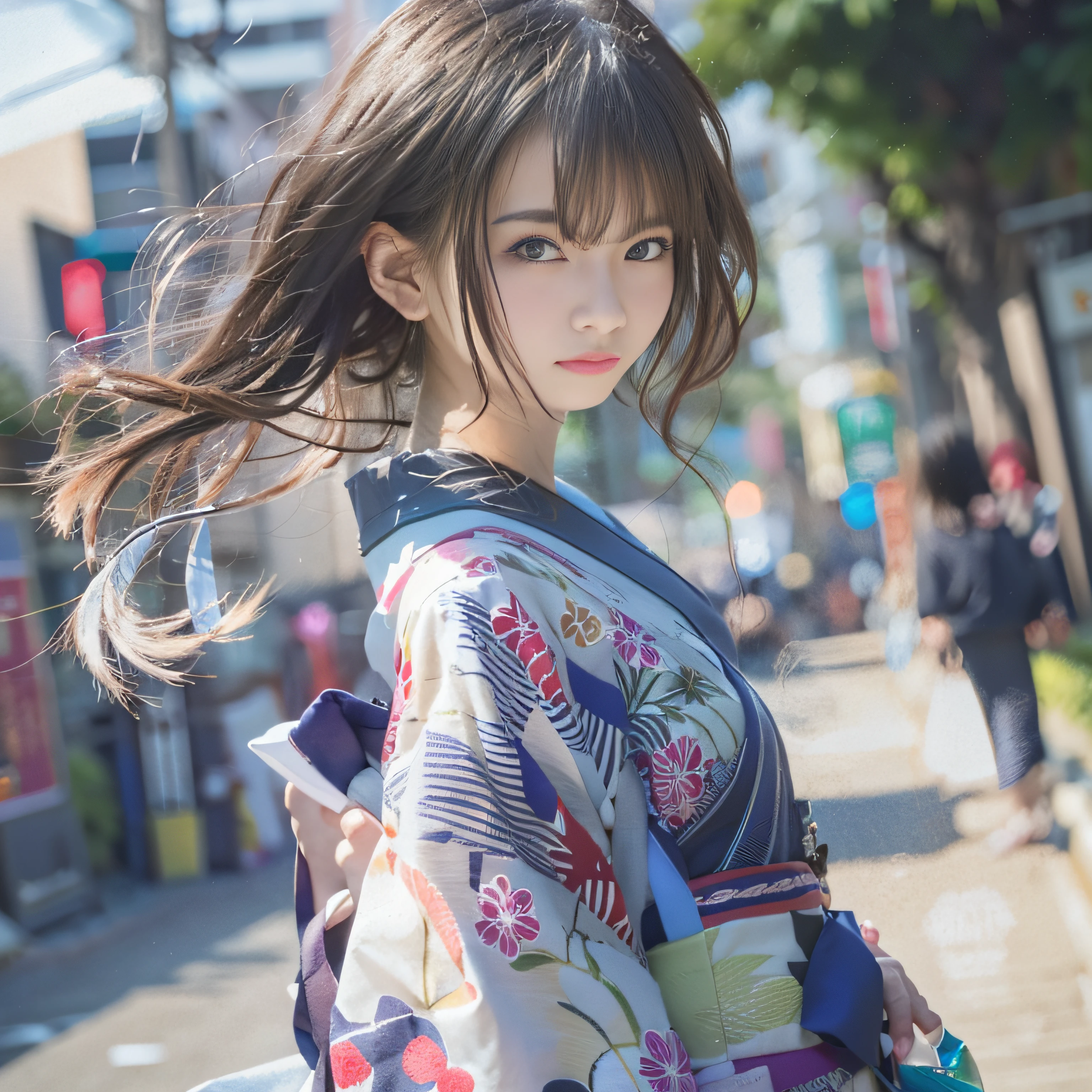 1人、on tokyo street、Summer cityscape、Wearing a Japan yukata、The upper part of the body、a closeup、A smile、、(8K、Raw photography、top-quality、​masterpiece:1.2)、(realisitic、photoRealstic:1.37)、Highly detailed eyelash drawing、(((Top image quality))),Colossal tits、Fine skin, (Beautiful hair), (Perfect Anatomy), (Realistic), (Dynamic Angle), Pose Seductive,Perfect,Sensual look、top-quality、hight resolution、