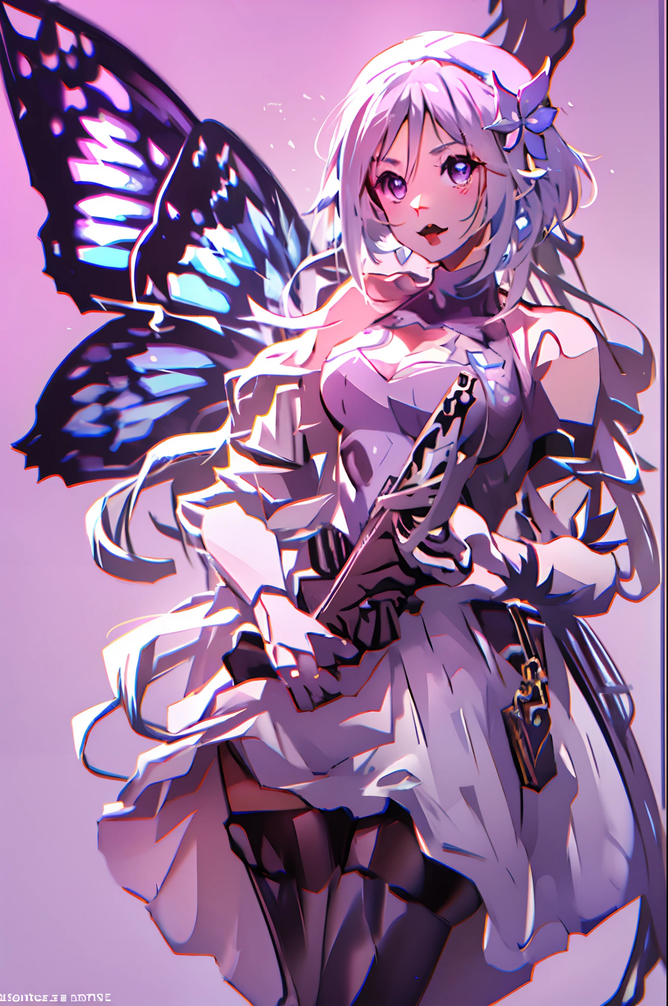 Octane Render、(Hyper-detailing: 1.15)、cinematic lightening、Taken from behind、Cute Fantasy Princess、Handgun shooting practice、Fine Pattern Pistol,long boots、ultradetailed eyes、Full Paint、(Floral hair ornament、butterfly hair ornament)、masutepiece、Anatomically correct、blur、depth of fields