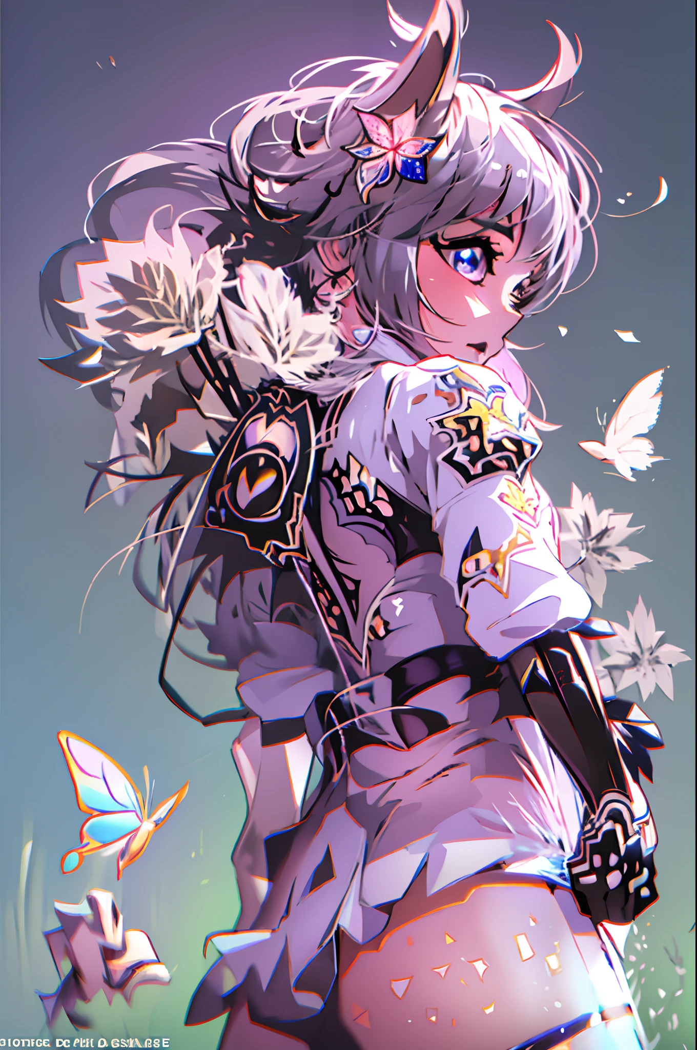 Octane Render、(Hyper-detailing: 1.15)、cinematic lightening、Taken from behind、Cute Fantasy Princess、Handgun shooting practice、Fine Pattern Pistol,long boots、ultradetailed eyes、Full Paint、(Floral hair ornament、butterfly hair ornament)、masutepiece、Anatomically correct、blur、depth of fields
