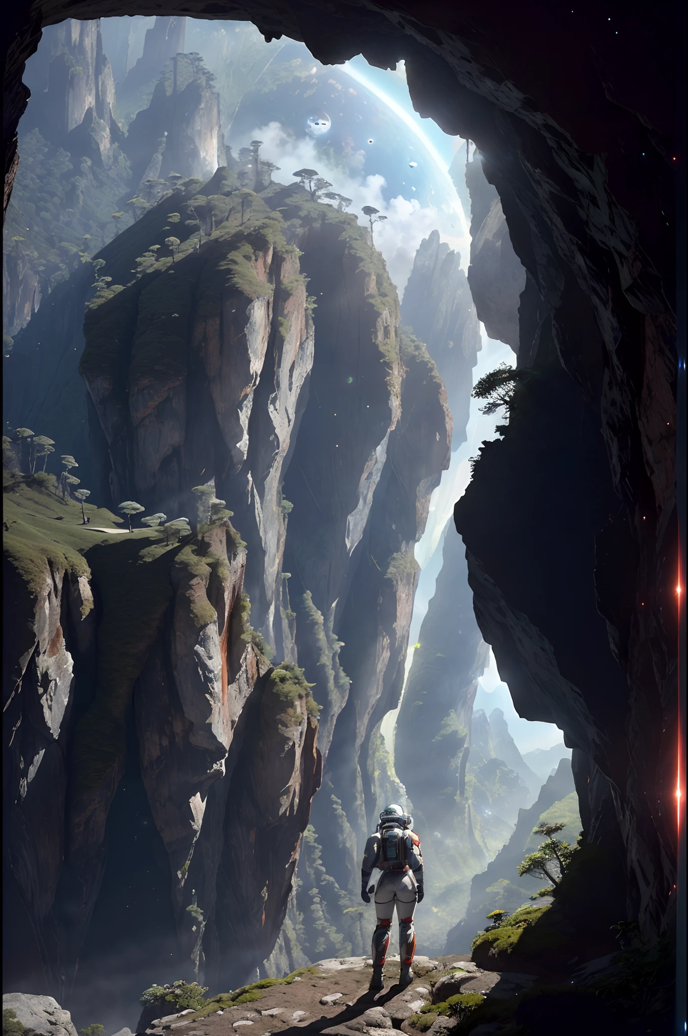 (35mmstyle:1.2), Highly detailed RAW color Photo, Rear Angle, Full Body, of (female space marine, wearing white and red space suit, futuristic helmet, tined face shield, rebreather, accentuated booty), outdoors, (standing on Precipice of tall rocky mountain, looking out at magical lush green rain forest on alien planet), vivid detail, (exotic alien planet), toned body, big butt, (sci-fi), (mountains:1.1), (lush green vegetation), (two moons in sky:0.8), (highly detailed, hyperdetailed, intricate), (lens flare:0.7), (bloom:0.7), particle effects, raytracing, cinematic lighting, shallow depth of field, photographed on a Sony a9 II, 35mm wide angle lens, sharp focus, cinematic film still from Gravity 2013, viewed from behind, dynamic angle