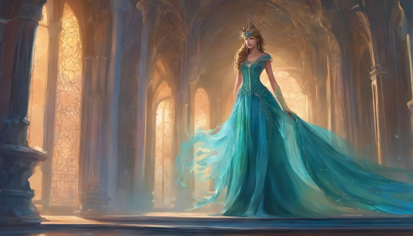 a woman in a blue dress standing in a room, vestido azul gelado;, vestido elegante, sky - blue dress, vestido azul longo, tule e renda, usando um vestido elegante, vestido verde claro, um vestido azul, fantasia vestido longo intrincado, vestido de teal livre da barriga, com cintura fina, usando um vestido de noite, Turqouise