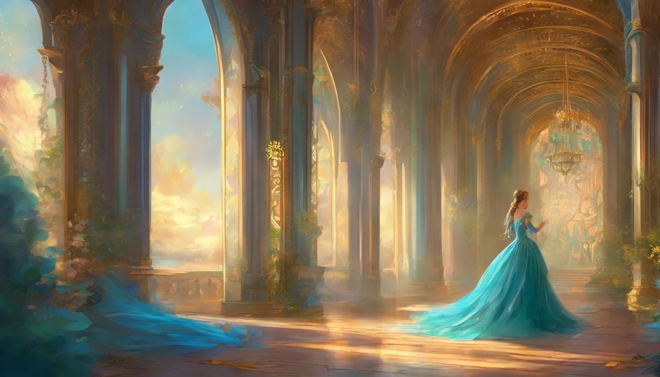 a woman in a blue dress standing in a room, vestido azul gelado;, vestido elegante, sky - blue dress, vestido azul longo, tule e renda, usando um vestido elegante, vestido verde claro, um vestido azul, fantasia vestido longo intrincado, vestido de teal livre da barriga, com cintura fina, usando um vestido de noite, Turqouise