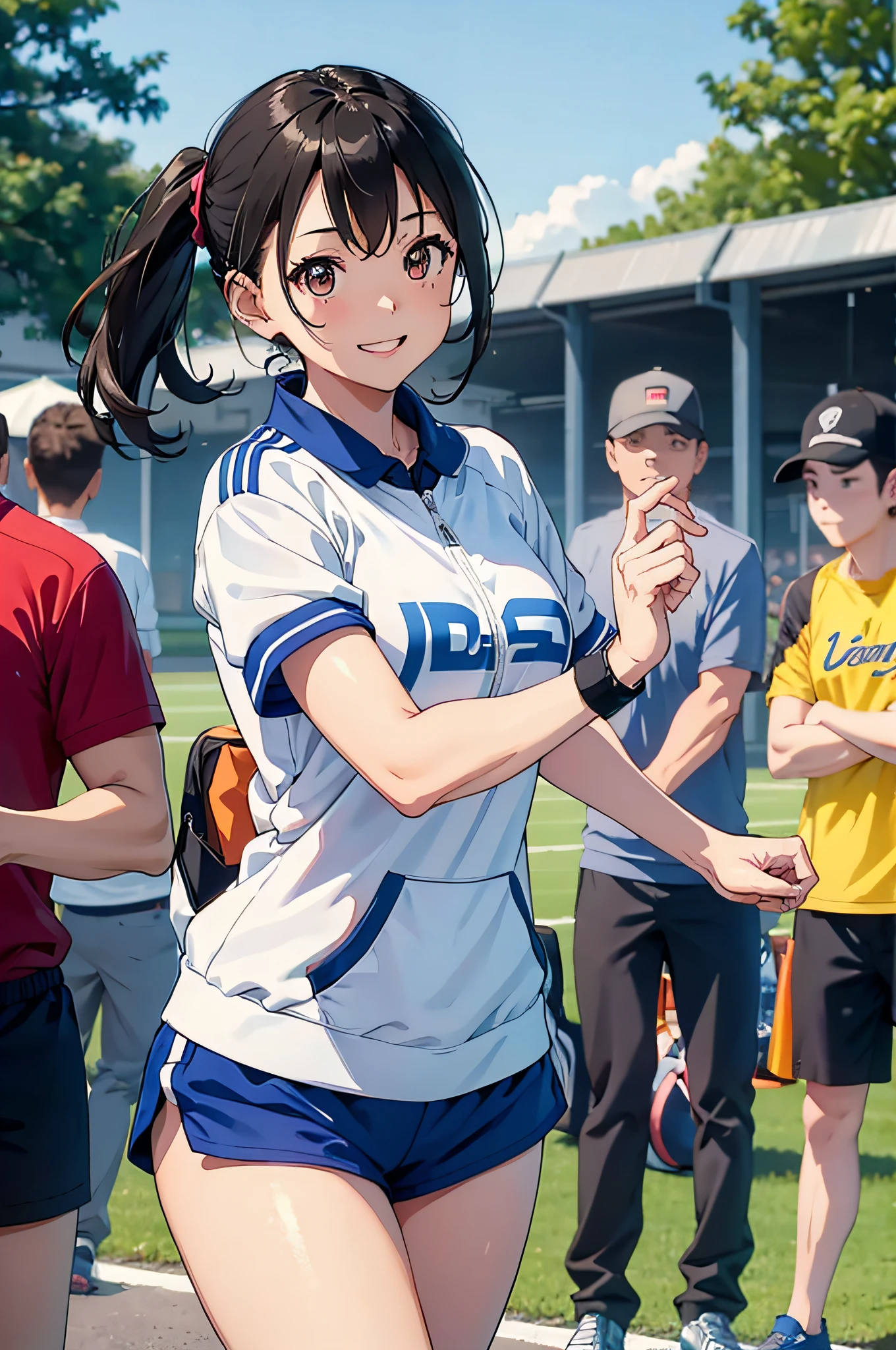 Please draw one full of energy、Sports-loving、Charming big sister image。She has a healthy complexion and bright eyes，Wear sports equipment，Probably a sportswear、Running shoes or gym wear。Her smile was bright，Exudes a feeling of vitality and well-being。The background can be an outdoor sports field，She can stand there ready to start an exciting athletic activity。