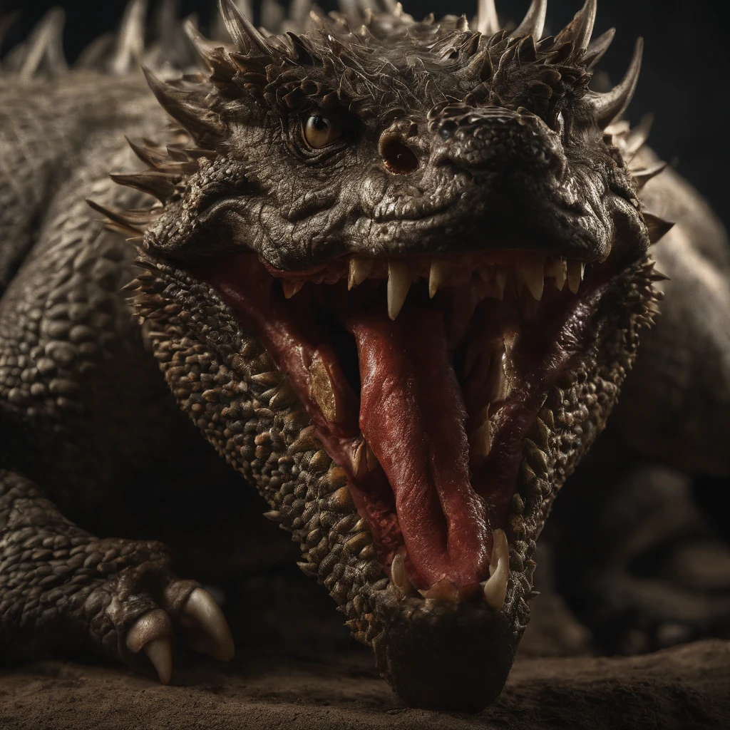 Tenryu Dorado,Rough red eyes,Close-up of the release of blood fire from the nose,Escamas de pecho,Alta calidad,8k,Muchos detalles,Lechuga de fuego,ay,4 patas,Garras manchadas,Oros,Peligros,Fuegos,dientes afilados,big dragon,inmensidad,amenazador,imponente