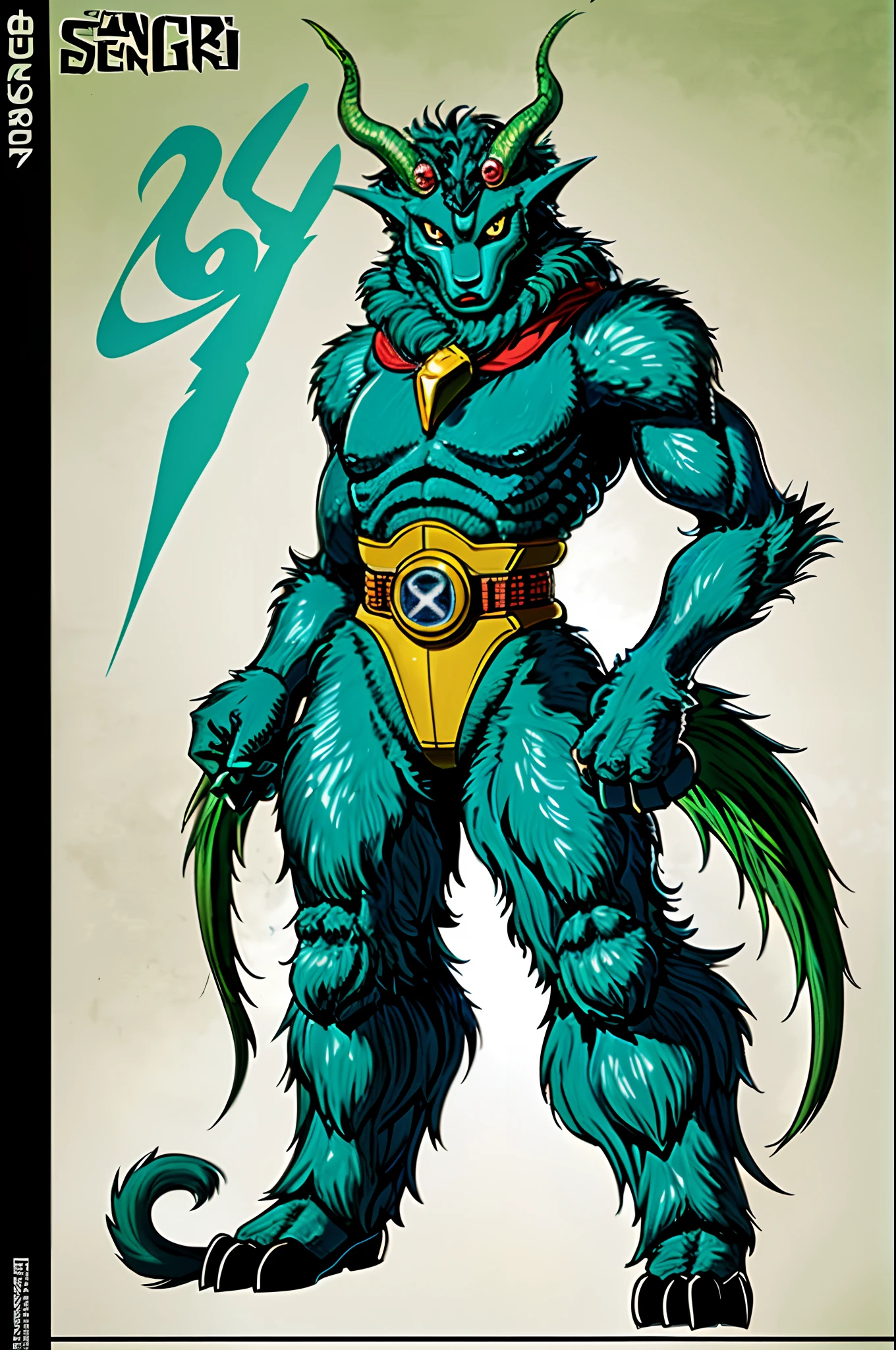 sentai ,monster, standing solo, mythical animal like, female, full body, 80s