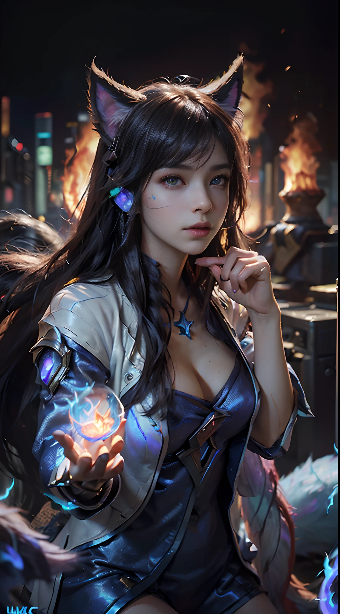 (Photorealistic:1.5),(Detailed beautiful face:1.2,detailed beautiful wide eyes),(8K pupil:1.2),(masterpiece,ultra high quality,ultra high resolution:1.2),(realistic skin:1.2,very detailed details:1.2),(unity 16K wallpaper),(RAW Photo,HD quality,HDR),The style of a surrealist painter, a masterpiece of ultra-realistic portraits,(an epic work of a photography expert),(nikon d750 f/1.4 55mm),(dynamic angle,professional lighting, physically-based rendering),
((League of Legends Heros:1.3)),((intricate details)),(((Ahri style:1.4))),(((Ahri clothing:1.4))),(((Nine-tailed fox:1.4))),((Many Fox tails:1.4)),((Brown Fox ears:1.3)),((Fox girl:1.4 )),(Sexy and attractive face),(perfectly proportioned body),(very giant breasts:1.2),(oversize breasts:1.2),((white hair,long wavy hair,soft hair)),
((Cyberpunk sci-fi city:1.5)),((intricate details)),((League of Legends Heroes:1.3)),((Neon lights:1.3)),(((There is a huge floating ball of fire in his hand:1.5))),(((Realistic fire magic:1.5))),
((Realisticphoto)),((masterpiece)),((best quality)),((highest resolution)),((cyberpunk style)),
