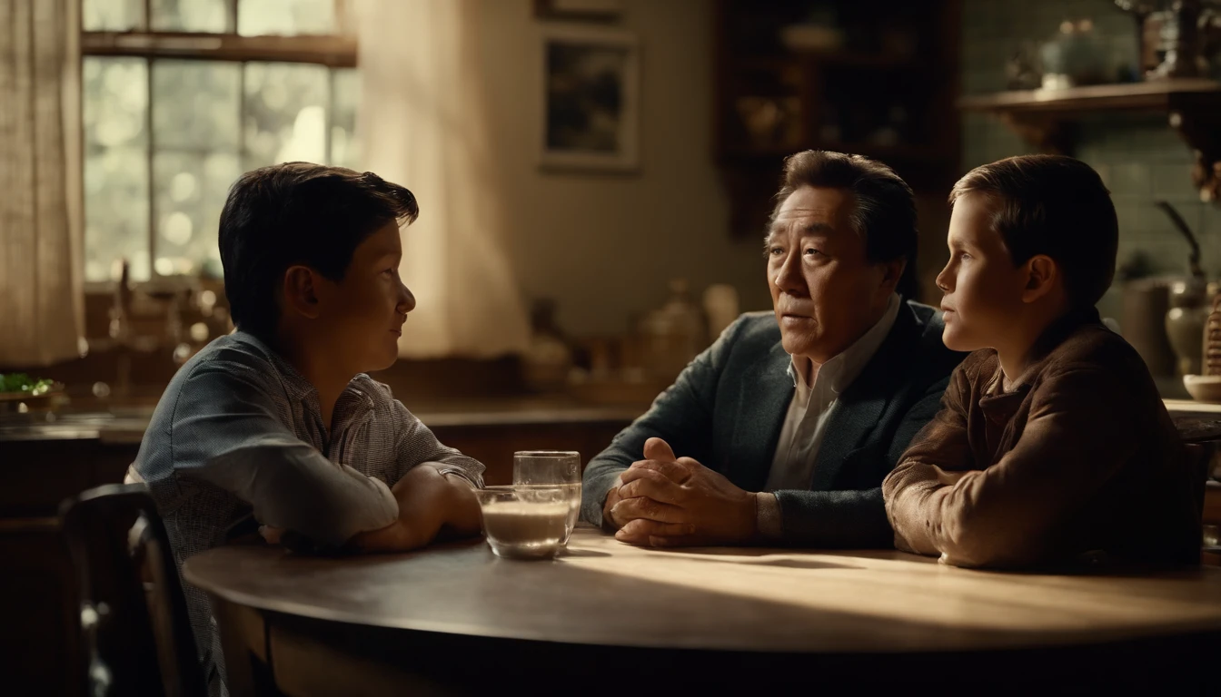 Veja Robert Kiyosaki e seu amigo Mike, as children, sitting at the kitchen table, with looks of curiosity and fascination as they listen to the wise words of the Rich Father.