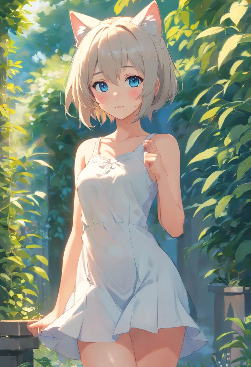 Cat-eared girl in white dress standing in garden, BREAK,silber hair,blue eyes,(((Sleeveless))),Hang the laundry to dry,Holding a laundry basket with clothes,loli in dress, small curvy loli, artwork in the style of guweiz, guweiz on pixiv artstation, guweiz on artstation pixiv, guweiz, small li girl, soft anime illustration, Anime visuals of cute girls, Detailed Digital Anime Art, lying down, nude, nipples, open legs,