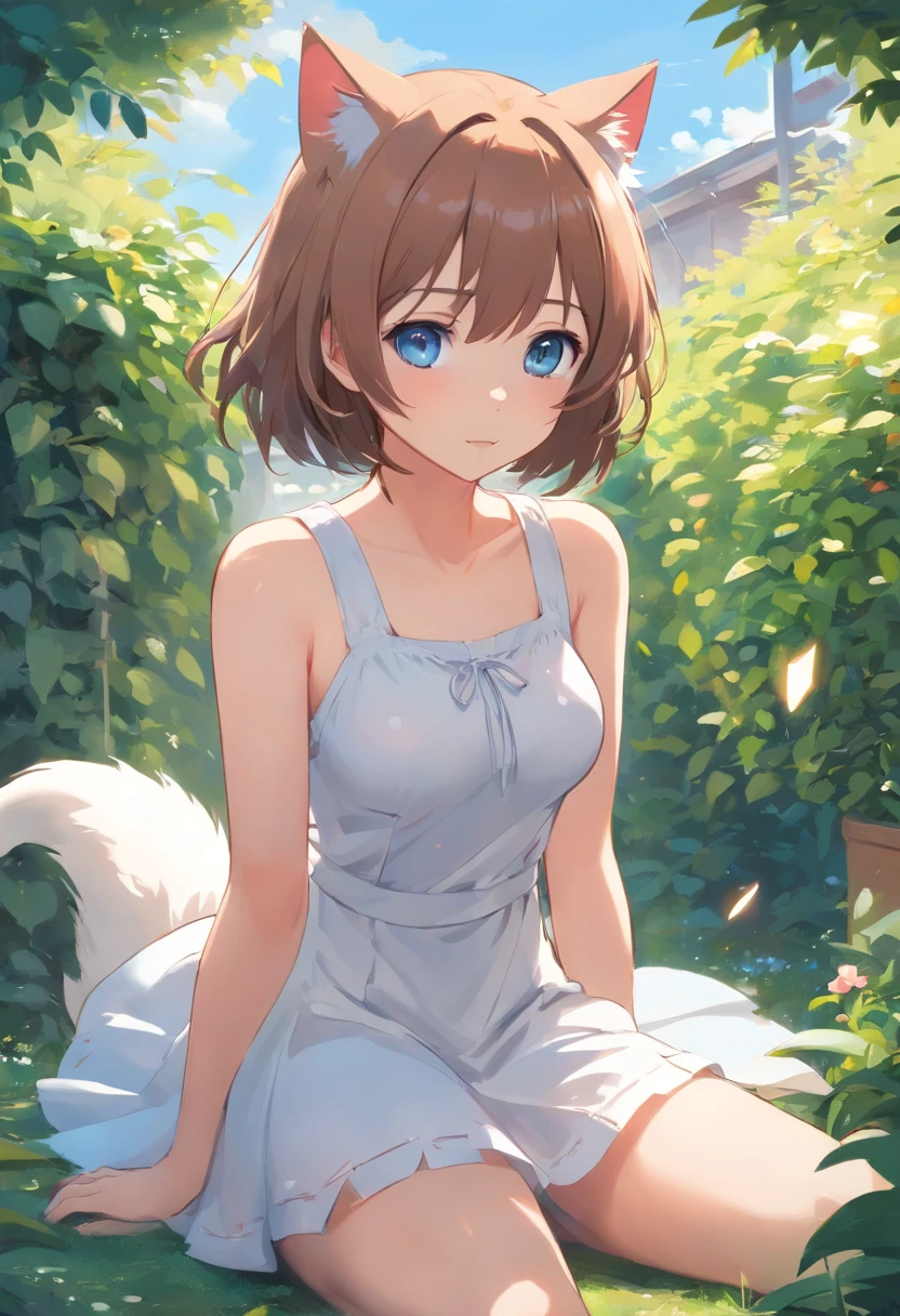 Cat-eared girl in white dress standing in garden, BREAK,silber hair,blue eyes,(((Sleeveless))),Hang the laundry to dry,Holding a laundry basket with clothes,loli in dress, small curvy loli, artwork in the style of guweiz, guweiz on pixiv artstation, guweiz on artstation pixiv, guweiz, small loli girl, soft anime illustration, Anime visuals of cute girls, Detailed Digital Anime Art, lying down, nude, nipples, open legs,