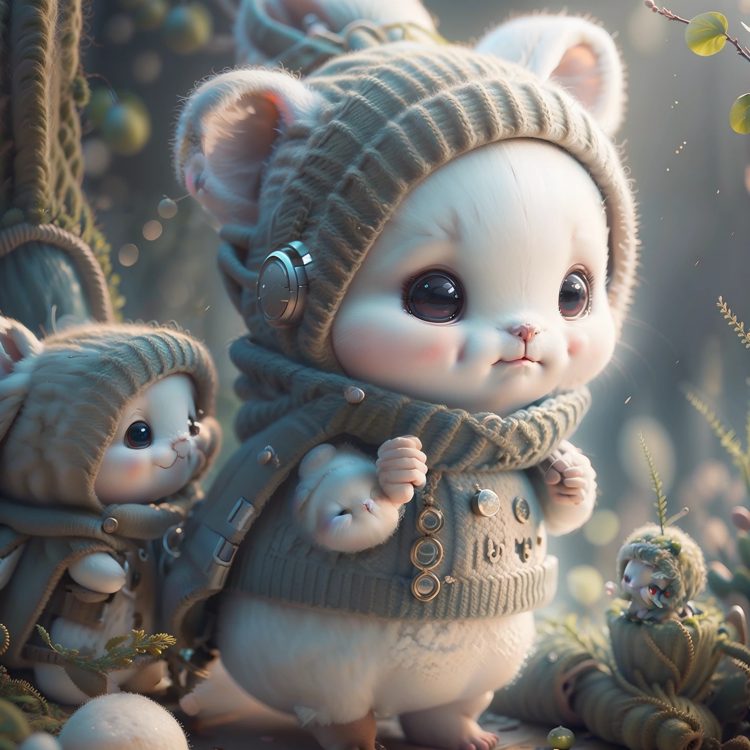 masterpiece、top-quality、Lots of detail、(full bodyesbian:1.2)、Chibi、Hamster Girl、white hair、Magic Dress、Light headphones、3d rendered、Q Printmaking Style