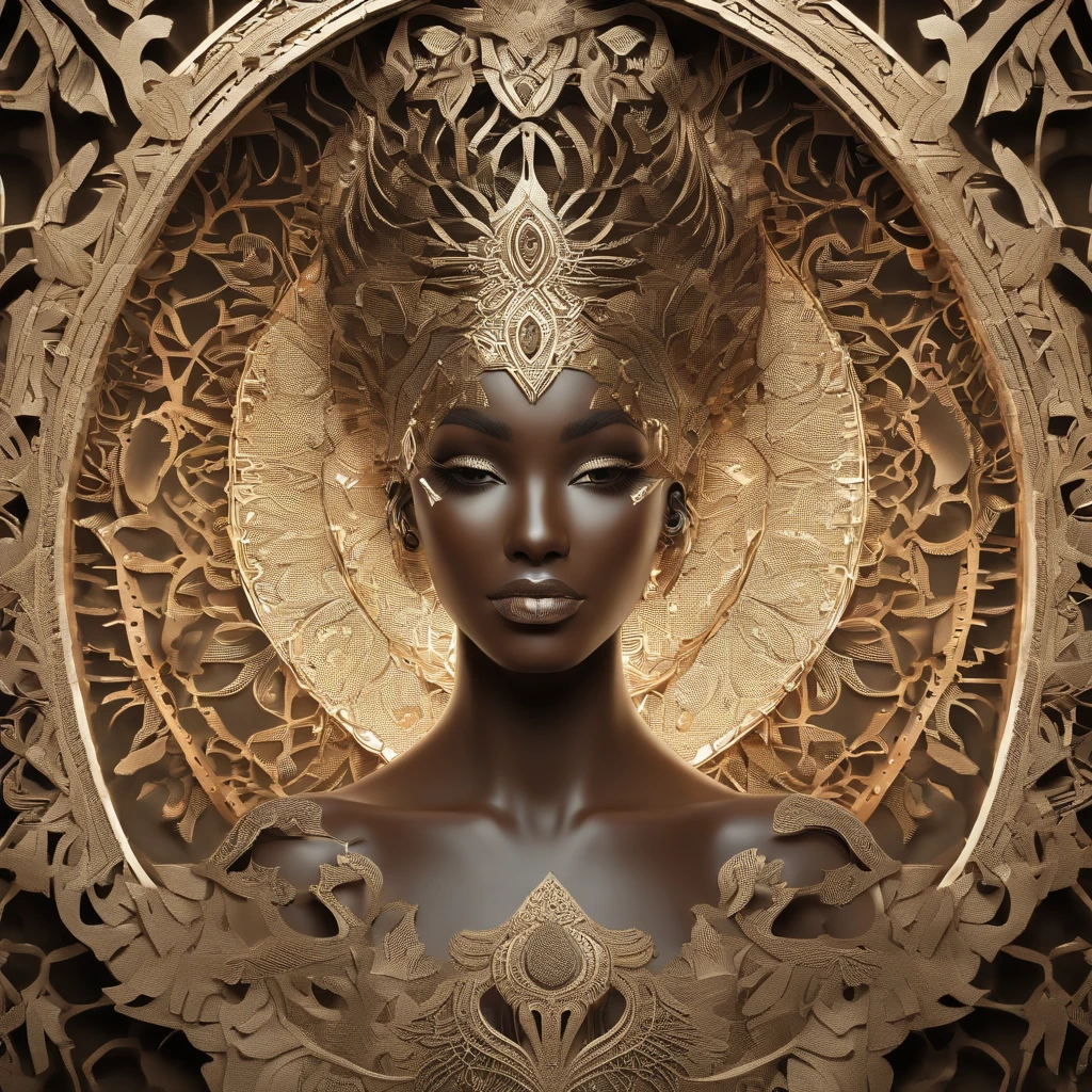 Oshun (Deusa africana), detalhes de borboletas e espelhos, peito modestamente adornado, Bumbum perfeito, roupas sexy, energia do caos multicolorida, Standing in a dark forest of barren trees, brilhando com uma energia poderosa. Realistic, fotografia realista impressionante, 3D-rendering, octan render, intrinsecamente detalhado, cinemactic, trending on ArtStation, isometric, Centered hipereallistic cover photo, awesome full color, Hand drawn, Escuro, corajoso, muito, Klimt, erte 12k | | | |, High definition, cinemactic, Neoprene, vencedor do concurso behance, Retrato em destaque no Unsplash, Arte digital estilizada, liso, Ultra High Definition, 8k, Motor Unreal 5, Ultra sharp focus, Obras de arte intrincadas, Agourento, epics, TanvirTamim, trending on ArtStation, por artgerm, h. r. Giger e Beksinski, altamente detalhado, Vibrando