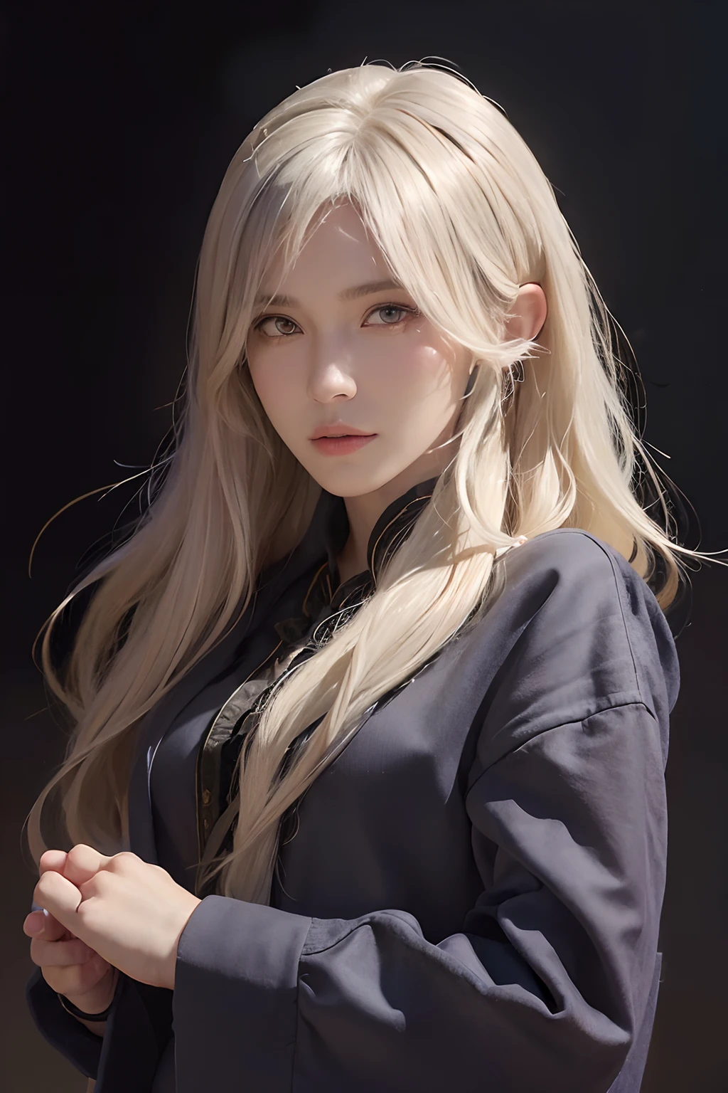 Hyperrealist portrait of female by david hockney and alphonse mucha,fantasy art, photo realistic, dynamic lighting, artstation, poster, volumetric lighting, very detailed faces, 4 k, award winning,, 1girl, in the dark, deep shadow, low key,cowboy shot,(official clothing:1.4) ,long hair,white hair,