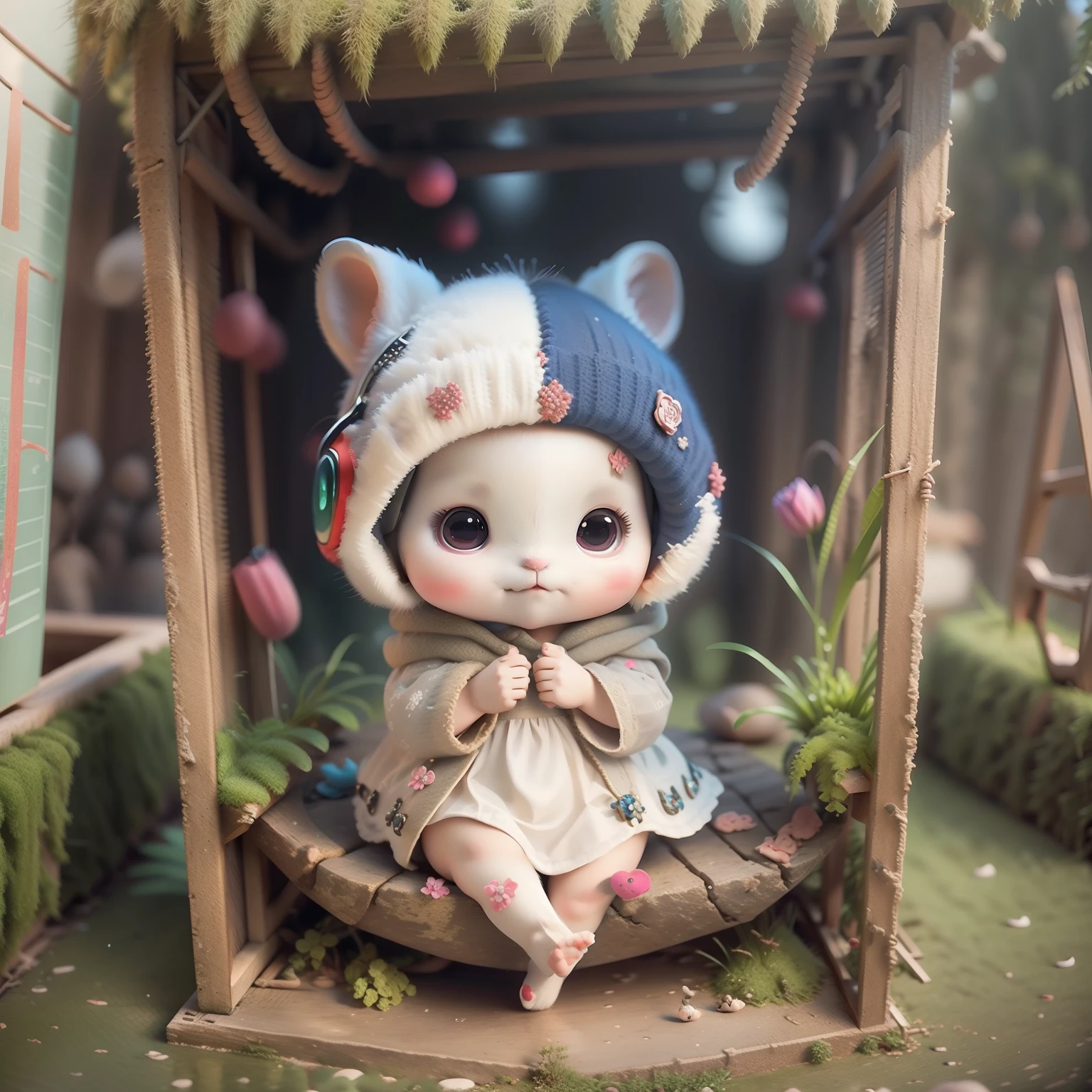 masterpiece、top-quality、Lots of detail、(full bodyesbian:1.2)、Chibi、Hamster Girl、white hair、Magic Dress、Light headphones、3d rendered、Q Printmaking Style