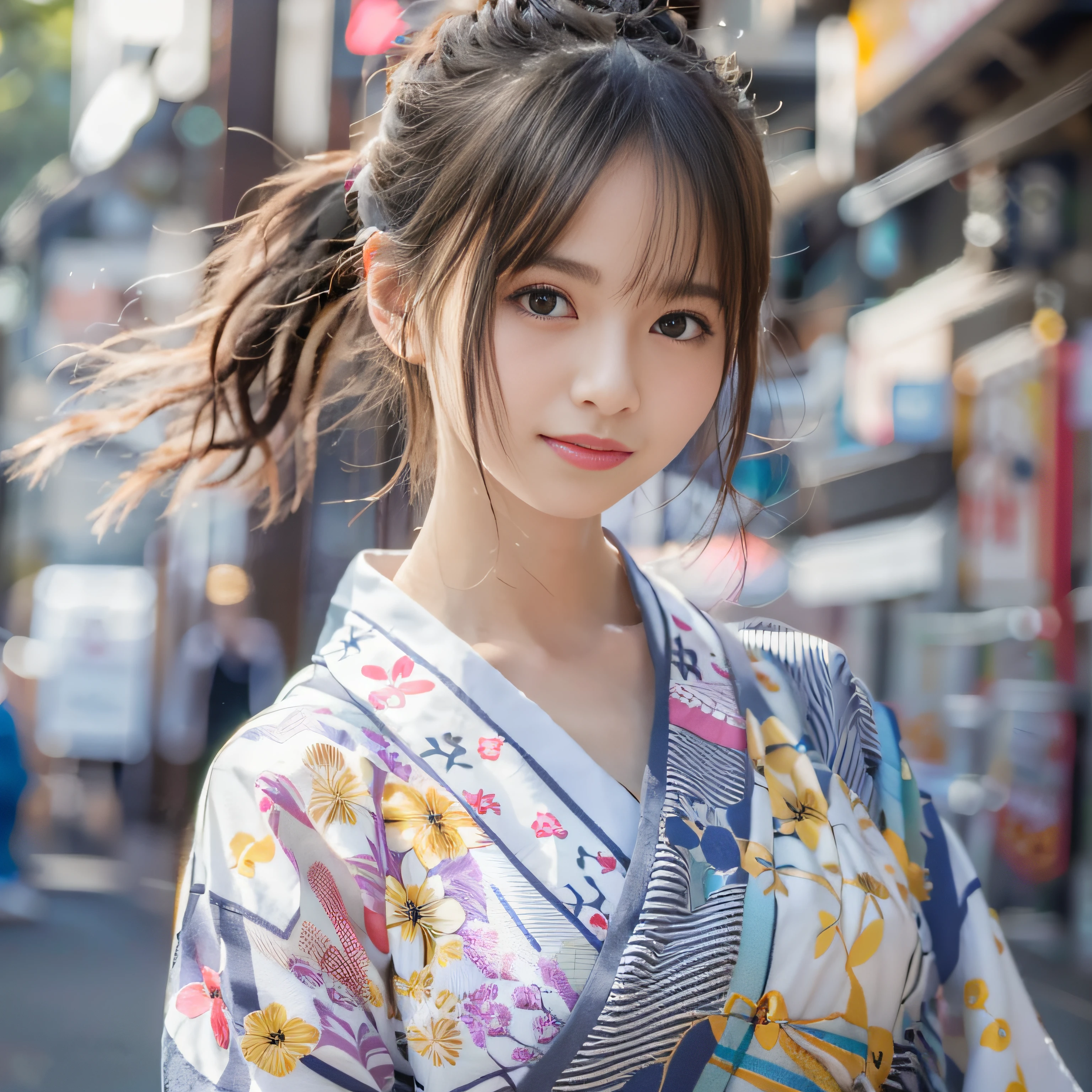 女の子1人、on tokyo street、Summer cityscape、Wearing a Japan yukata、The upper part of the body、a closeup、A smile、、(8K、Raw photography、top-quality、masterpiece:1.2)、(realisitic、photoRealstic:1.37)、Highly detailed eyelash drawing、(((Top image quality))),Colossal tits、Fine skin, (Beautiful hair), (Perfect Anatomy), (Realistic), (Dynamic Angle), Pose Seductive,Perfect,Sensual look、top-quality、hight resolution、