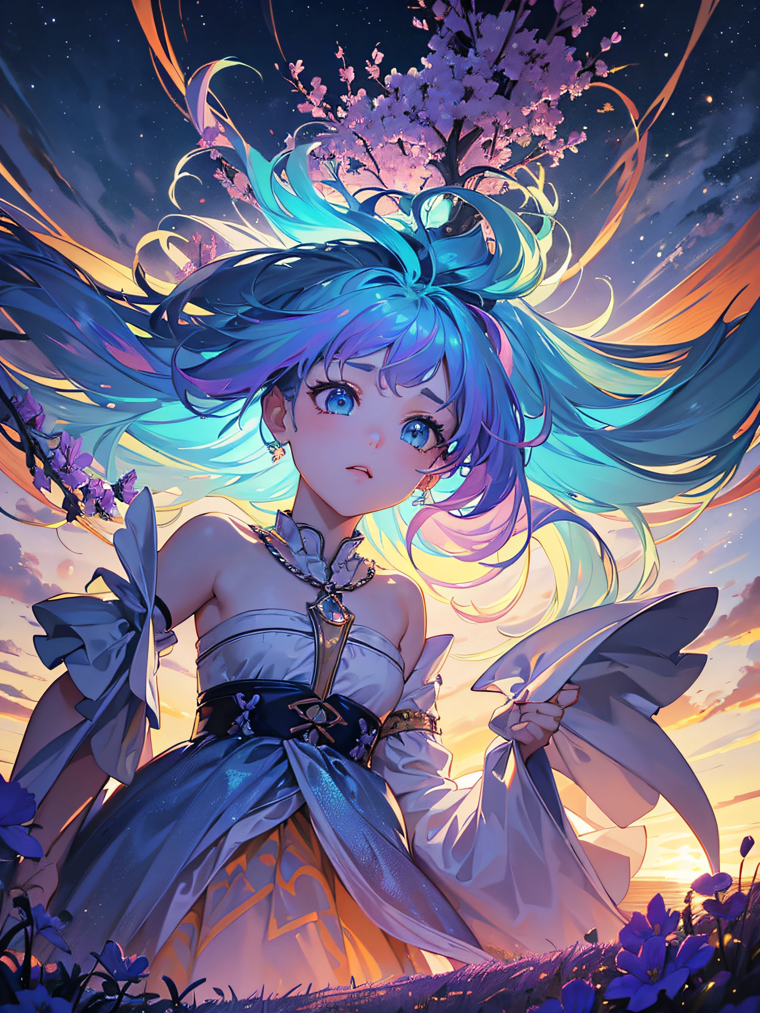 highest quality image, (masterpiece), (detailed: 1.4), perfect drawing, (ultra-realistic), expansive landscape photography, (a view from below that shows the sky above and the expansive open field), girl looking up floating in fetal position, very long hair, orange hair with purple tips, moving hair, field of violet flowers, dry trees, (warm light source: 3.1), complex details, , (iridescent colors: 1.1) , (bright lighting), (atmospheric lighting), 4k, solo