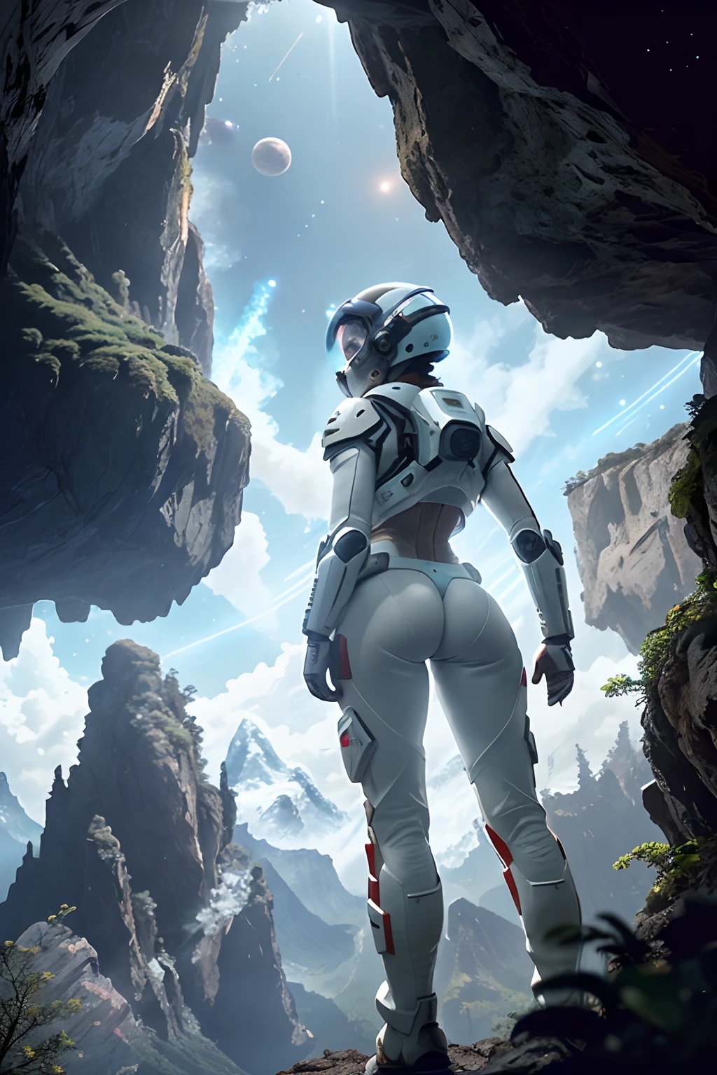 (35mmstyle:1.2), Highly detailed RAW color Photo, Rear Angle, Full Body, of (female space marine, wearing white and red space suit, futuristic helmet, tined face shield, rebreather, accentuated booty), outdoors, (standing on Precipice of tall rocky mountain, looking out at magical lush green rain forest on alien planet), vivid detail, (exotic alien planet), toned body, big butt, (sci-fi), (mountains:1.1), (lush green vegetation), (two moons in sky:0.8), (highly detailed, hyperdetailed, intricate), (lens flare:0.7), (bloom:0.7), particle effects, raytracing, cinematic lighting, shallow depth of field, photographed on a Sony a9 II, 35mm wide angle lens, sharp focus, cinematic film still from Gravity 2013, viewed from behind, dynamic angle