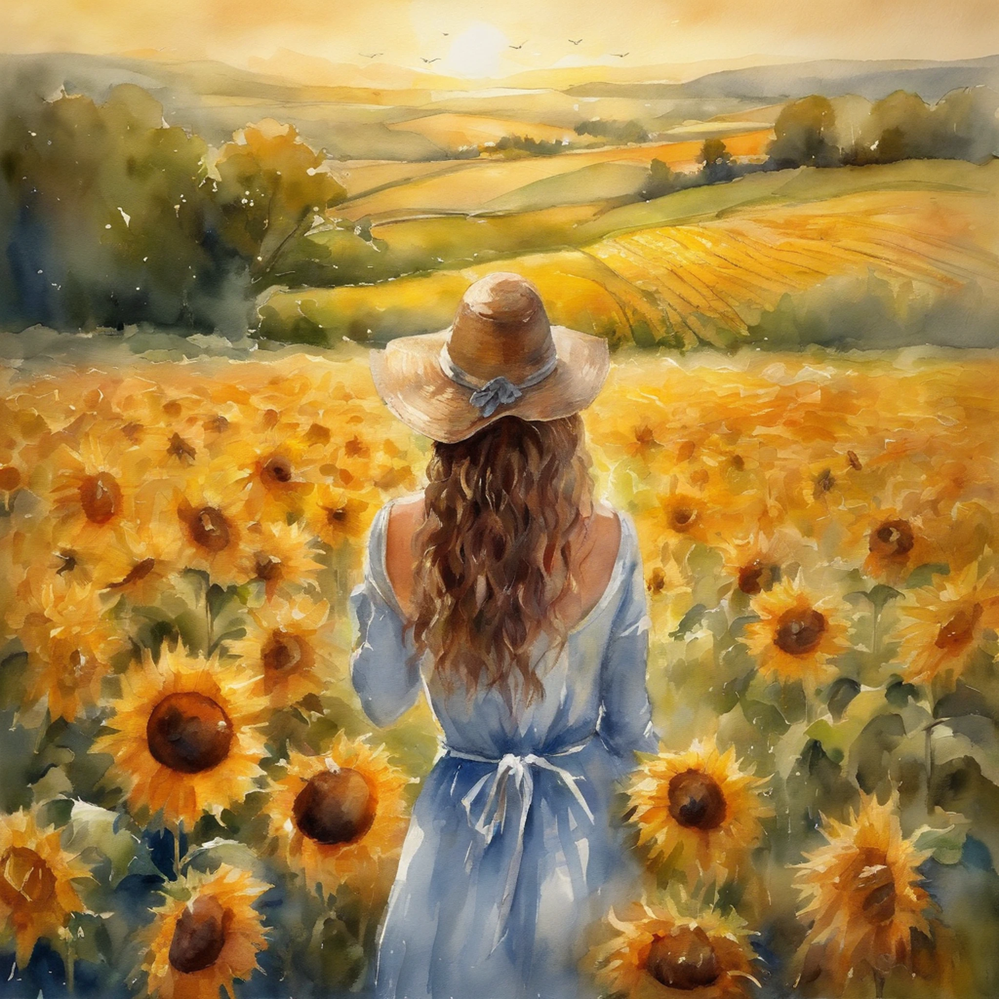 sunflowers fields、Back view of a beautiful girl、rays of sunshine