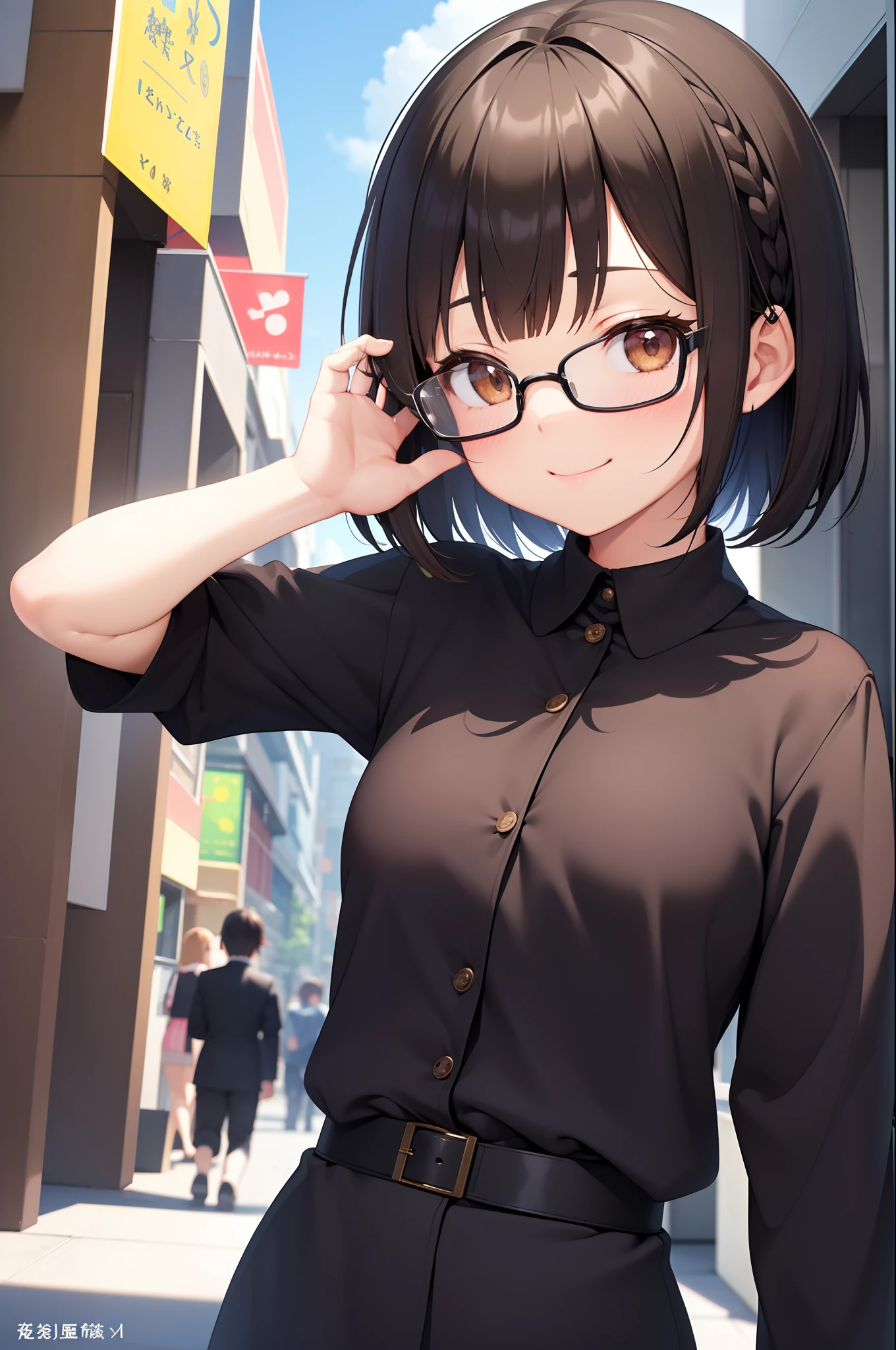 (masutepiece, Best Quality, Capture super cute moments, depth of fields, ultra-detailliert, Ultra High Resolution, C4D, Octadale, 3D Modeling, 8K, 16 K, one girls、a junior high school student、A dark-haired、short-hair、straight haired、Light brown eyes,hair adornments、wearing black glasses、A smile)、Slender body、small tits、Officelady、校服