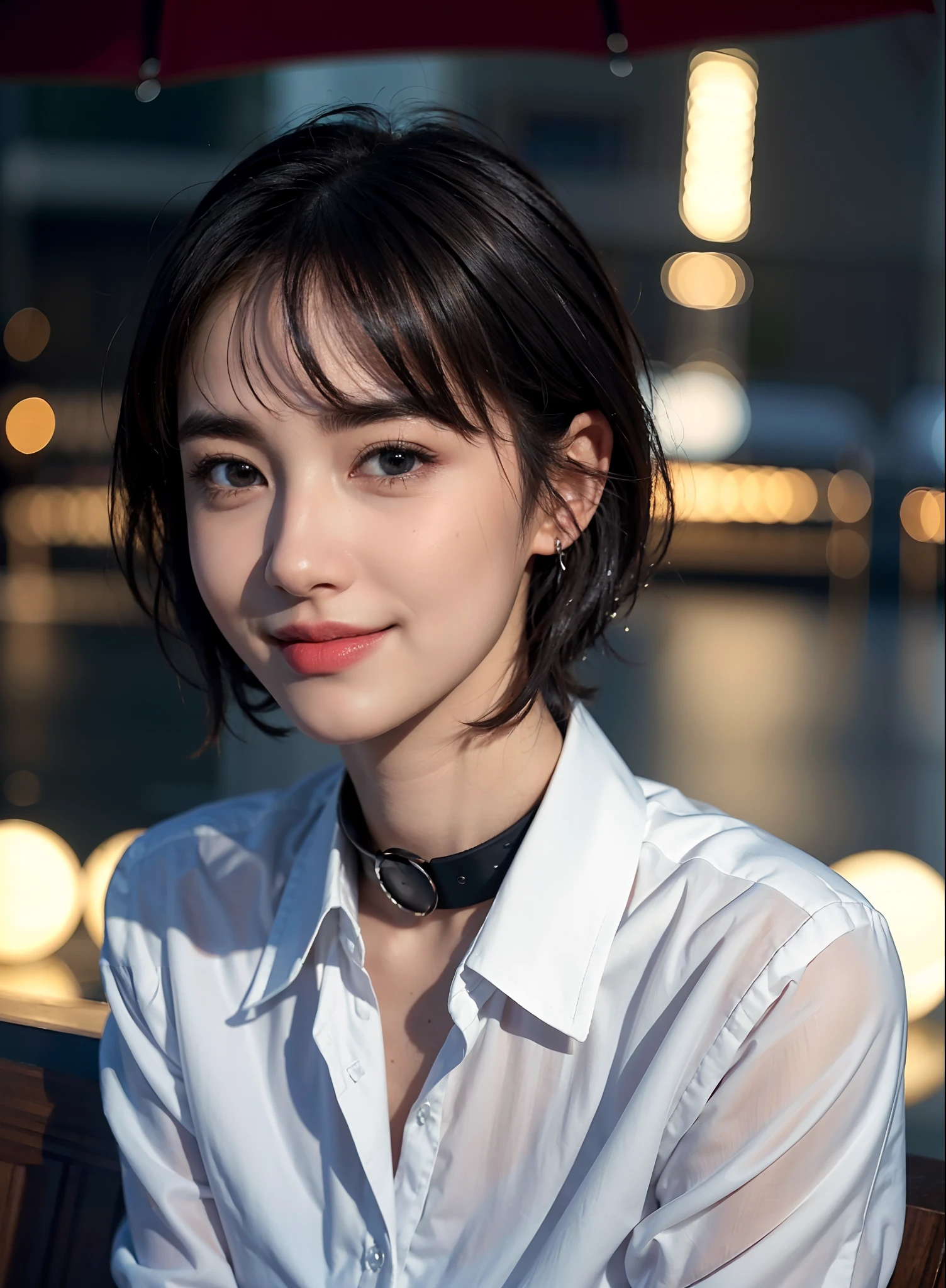 (8k, best quality, masterpiece:1.2), (realistic, photo-realistic:1.37), ultra-detailed, 1 girl,cute, solo,beautiful detailed sky,detailed cafe,night,sitting,dating,(nose blush),(smile:1.15),(closed mouth) small breasts,beautiful detailed eyes,(collared shirt:1.1), night, wet,business attire, rain,white lace, (short hair:1.2),floating hair NovaFrogStyle,