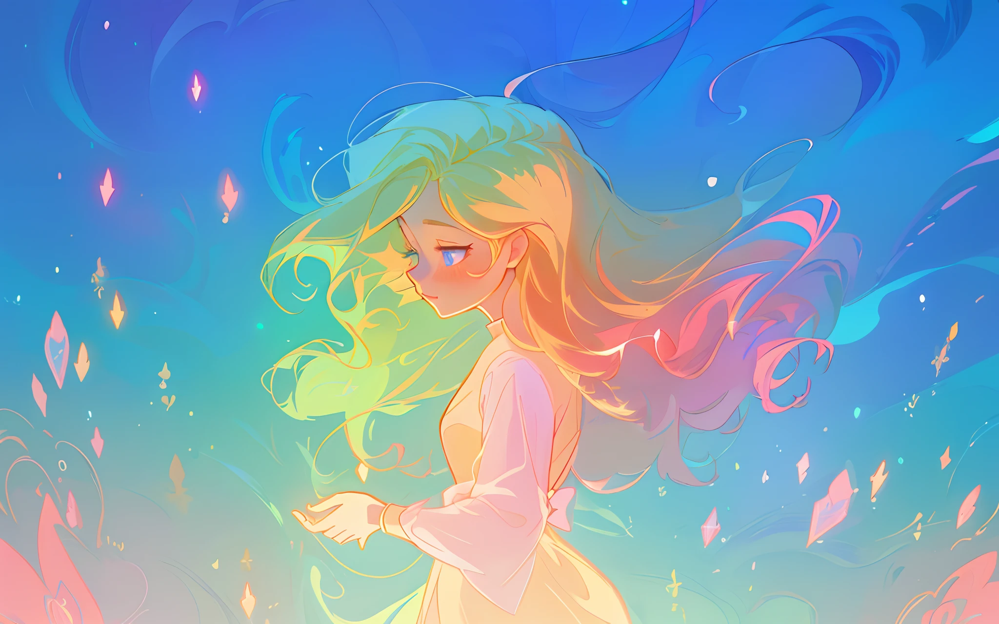anime, a girl with long hair, princess long sleeve flowing gown, long glowing ethereal hair, glowing flowing hair, flowing glowing hair, anime girl with cosmic hair, beautiful young wind spirit, long glowing hair, beautiful anime art style, beautiful digital illustration, ethereal anime, a beautiful artwork illustration, blonde anime girl with long hair, inspired by Glen Keane, inspired by Lois van Baarle, disney art style, by Lois van Baarle, glowing aura around her, by Glen Keane, jen bartel, glowing lights