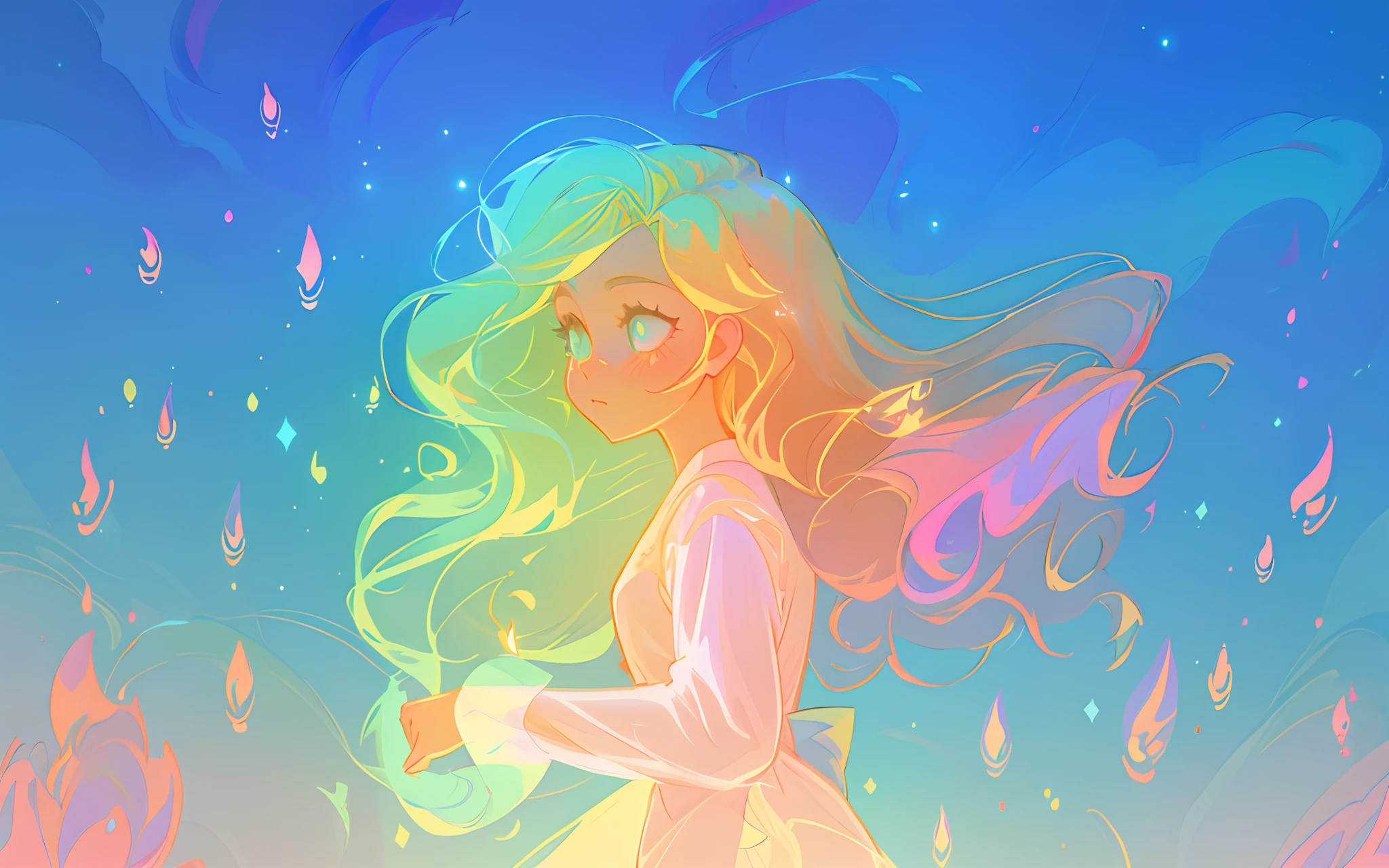 anime, a girl with long hair, princess long sleeve flowing gown, long glowing ethereal hair, glowing flowing hair, flowing glowing hair, anime girl with cosmic hair, beautiful young wind spirit, long glowing hair, beautiful anime art style, beautiful digital illustration, ethereal anime, a beautiful artwork illustration, blonde anime girl with long hair, inspired by Glen Keane, inspired by Lois van Baarle, disney art style, by Lois van Baarle, glowing aura around her, by Glen Keane, jen bartel, glowing lights