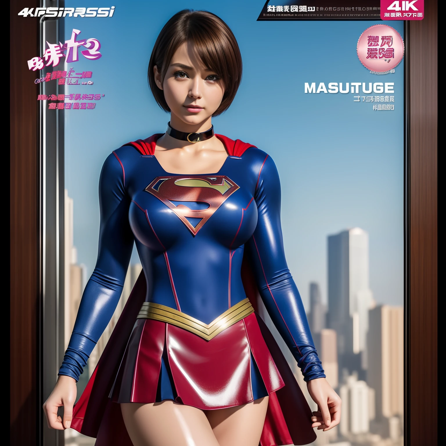 (Best Quality,4K,8K,hight resolution,masutepiece:1.2),Ultra-detailed,Realistic:1.37,Super masterpiece,Short-haired Supergirl、large full breasts、Looking at the camera、Glossy costume、a choker、Too short miniskirt、Magazine covers、