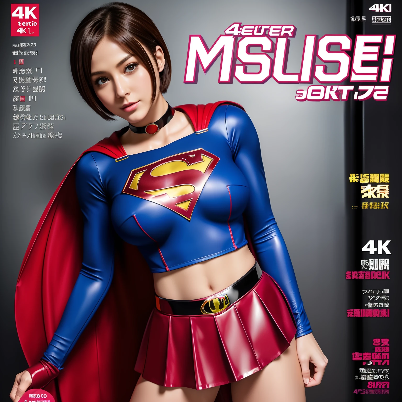 (Best Quality,4K,8K,hight resolution,masutepiece:1.2),Ultra-detailed,Realistic:1.37,Super masterpiece,Short-haired Supergirl、large full breasts、Looking at the camera、Glossy costume、a choker、Too short miniskirt、Magazine covers、