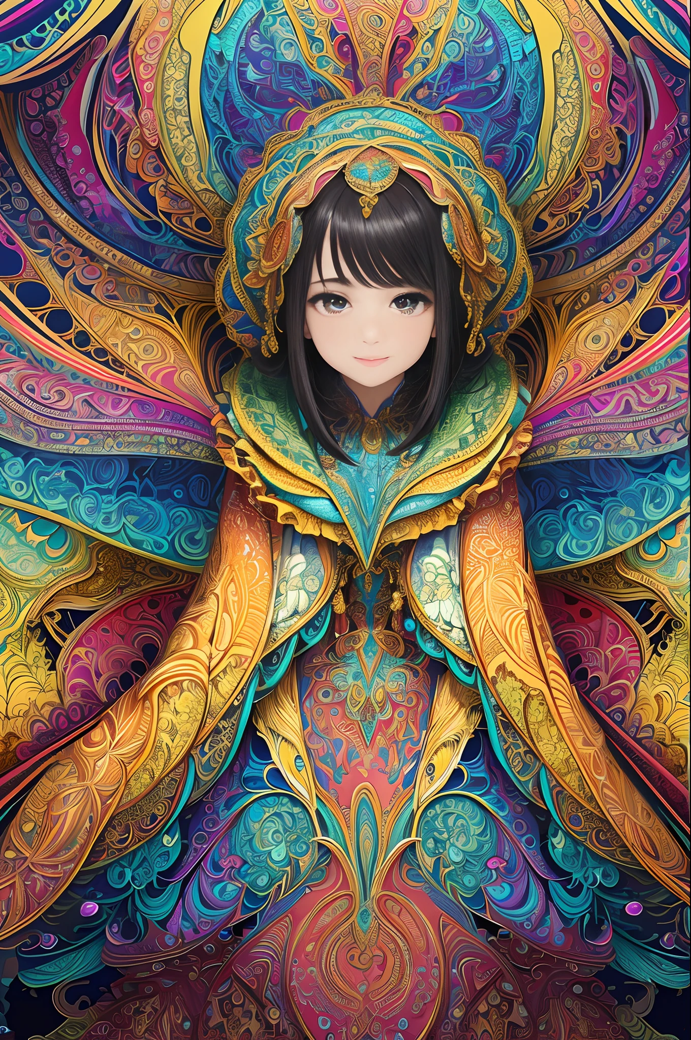 (masterpiece, top quality, best quality, official art, beautiful and aesthetic:1.2), (1girl:1.3), extremely detailed,(fractal art:1.2),colorful,highest detailed,(zentangle:1.2), (dynamic pose), (abstract background:1.5), (treditional dress:1.2), (shiny skin), (many colors:1.4), upper body, smile
