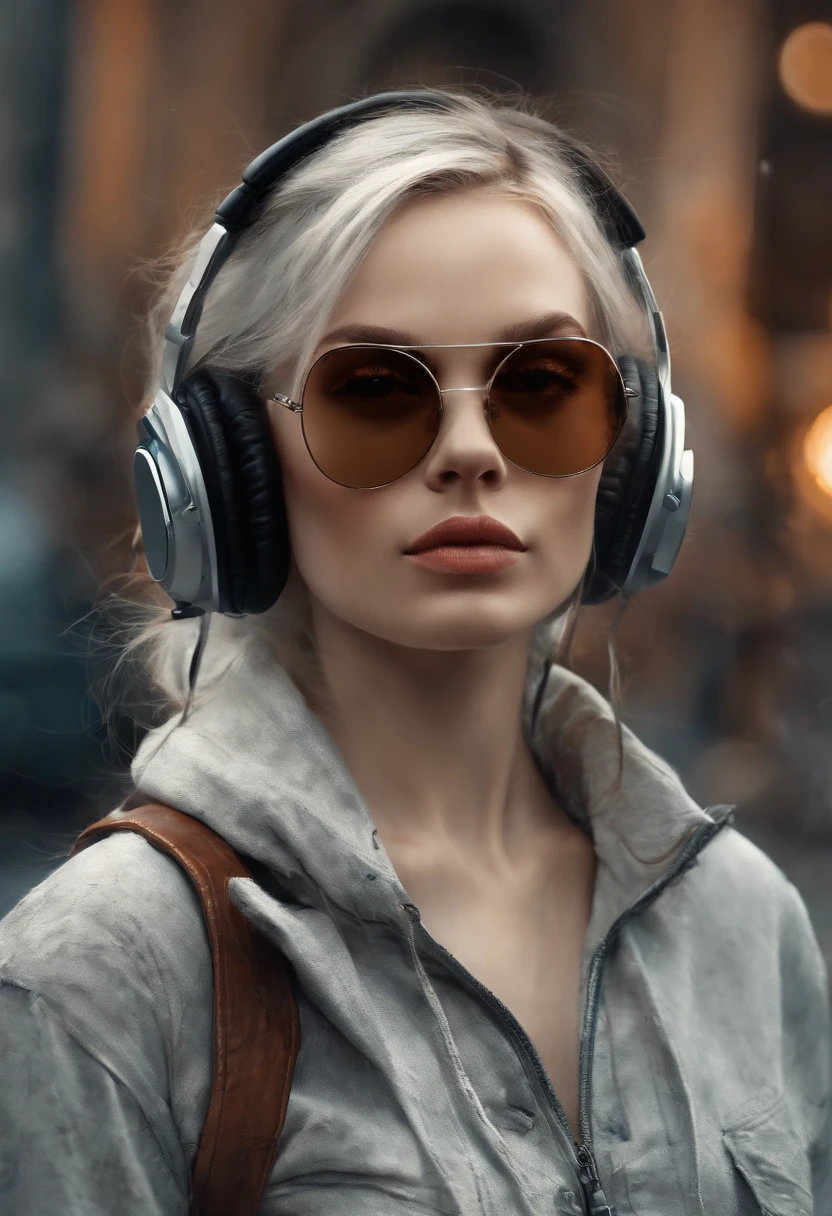 Perfect centralization, Um gatinho bonito por toda parte, Use uma jaqueta de estudante, wearing sunglasses, Usando fones de ouvido, Standing position, beleza abstrata, Centrado, looking at the camera, Facing the camera, nearing perfection, Dynamic, luar, altamente detalhado, pintura digital, art stations, Conceito-Arte, liso, foco nítido, 8k, high-definition resolution, illustration, arte de Carne Griffiths e Wadim Kashin, fundo branco
