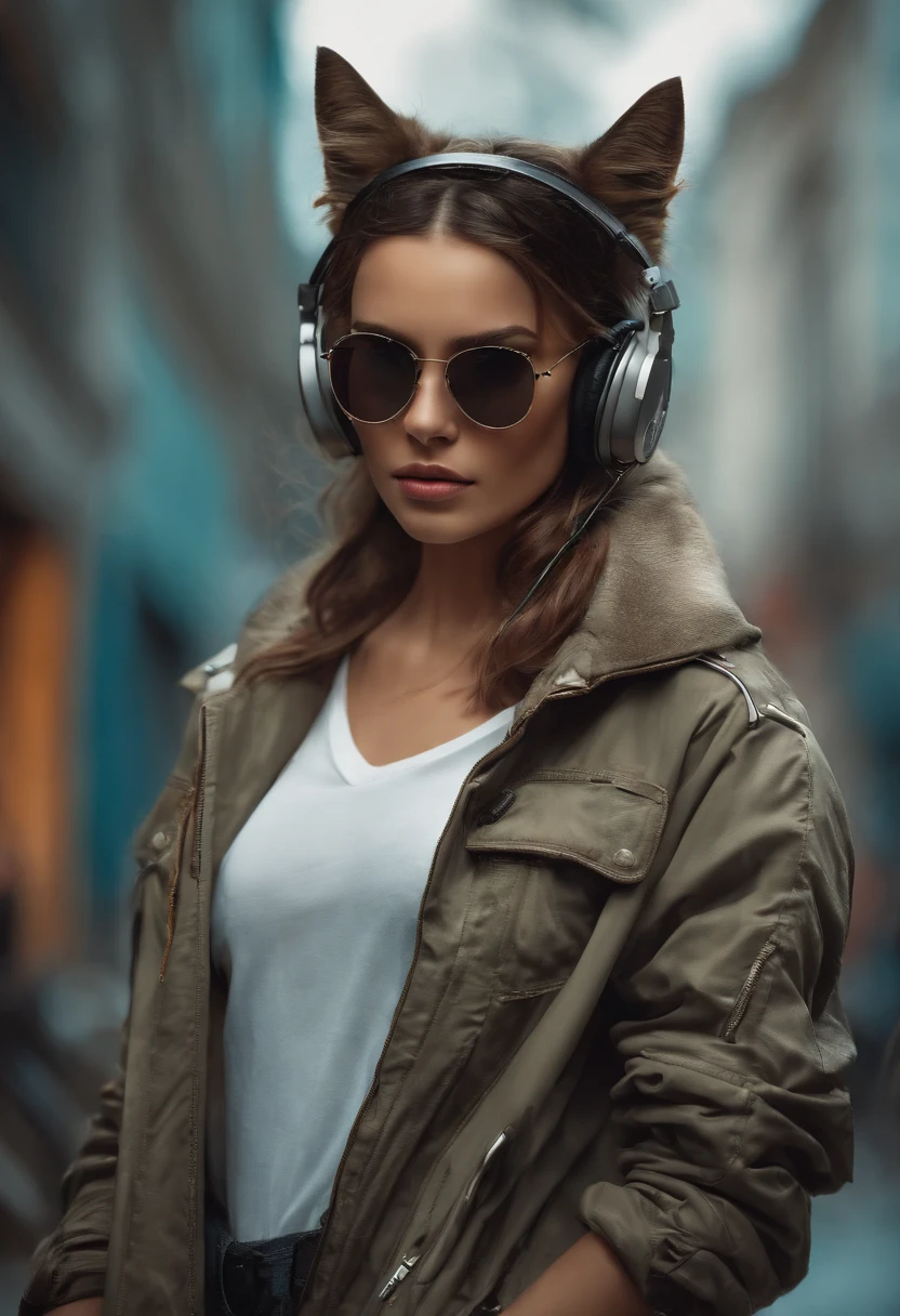 Perfect centralization, Um gatinho bonito por toda parte, Use uma jaqueta de estudante, wearing sunglasses, Usando fones de ouvido, Standing position, beleza abstrata, Centrado, looking at the camera, Facing the camera, nearing perfection, Dynamic, luar, altamente detalhado, pintura digital, art stations, Conceito-Arte, liso, foco nítido, 8k, high-definition resolution, illustration, arte de Carne Griffiths e Wadim Kashin, fundo branco