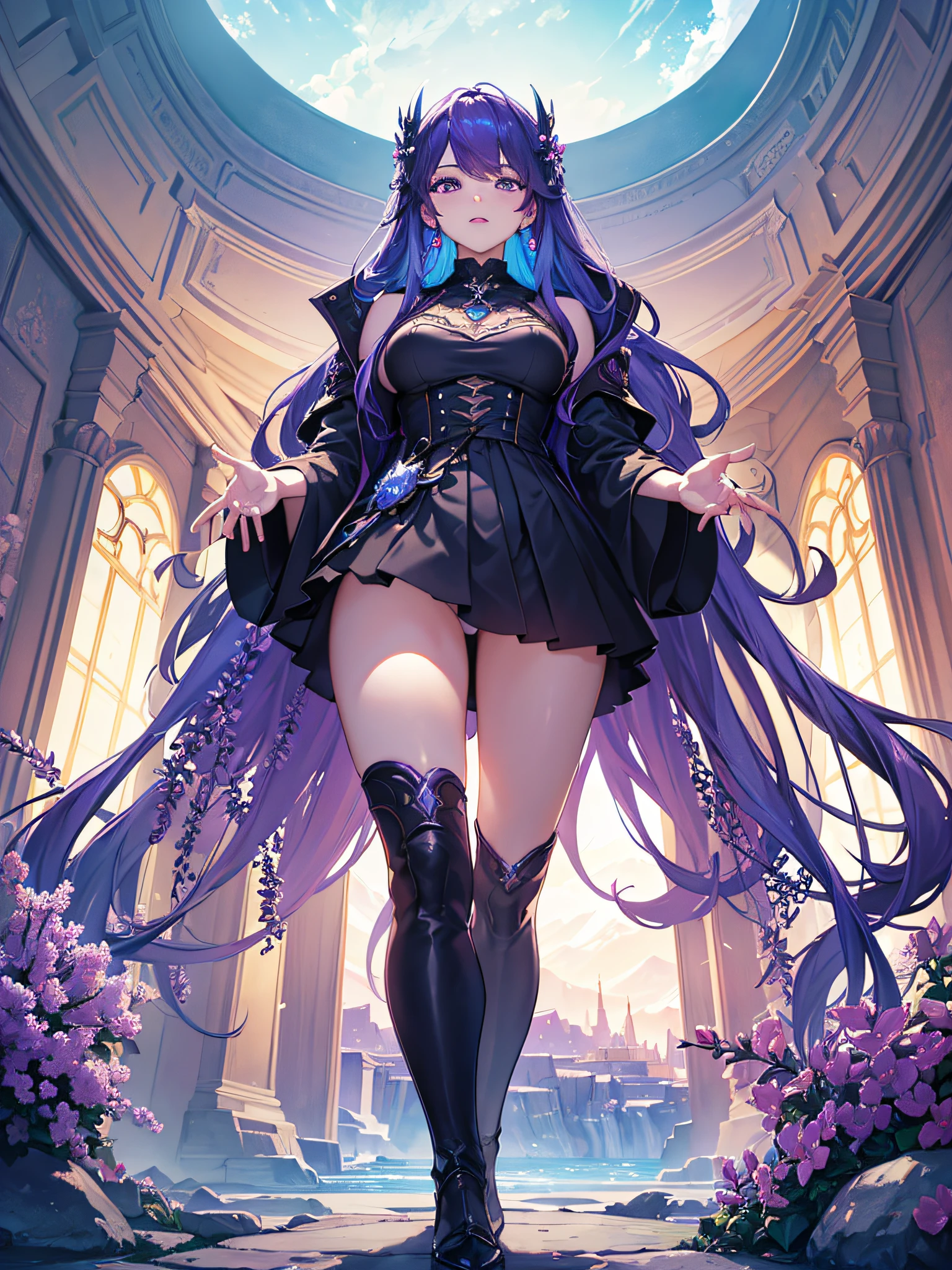 highest quality image, (masterpiece), (detailed: 1.4), perfect drawing, (ultra-realistic), expansive landscape photography, (a view from below that shows the sky above and the character's grandeur), Kai' sa de league of legends, (cold light source: 3.1), complex details, very purple and dark environment with purple aliens around, full body, serious look, lavender flowers, (iridescent colors: 1.2), (bright lighting, atmospheric lighting), 4k, solo