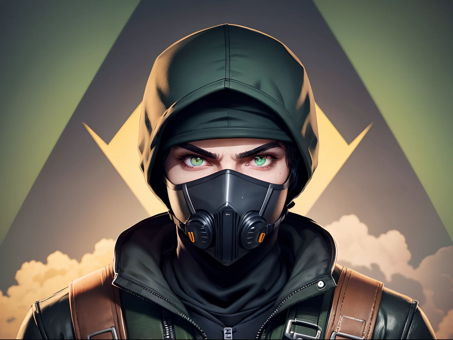 Homem face wearing a mask, estilo farlight 84, fortnite e pubg, aspecto sombrio, foto de frente, olhos verdes, roupa de couro cor preta com detalhes laranja