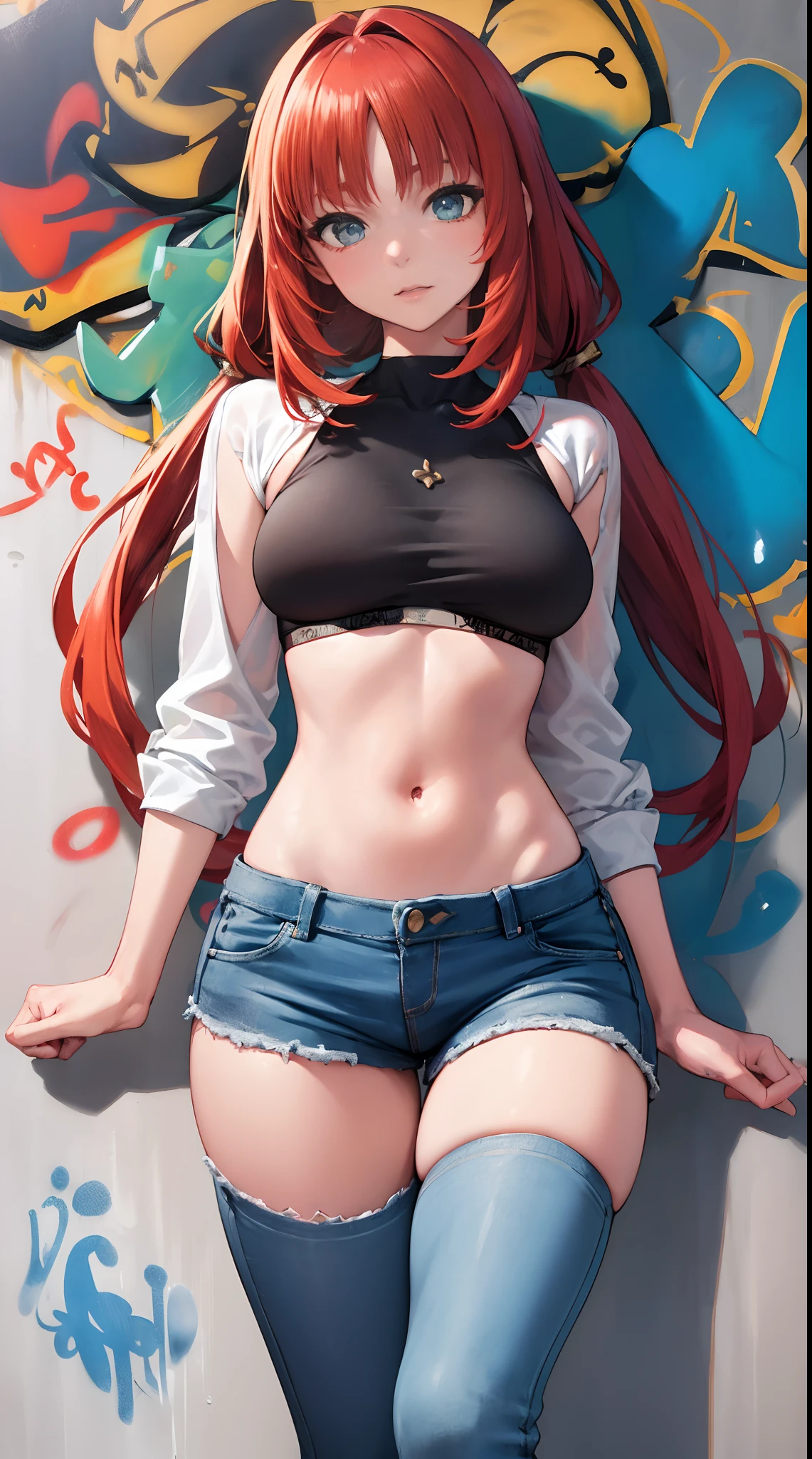 nile|genshin impact, master-piece, bestquality, 1girls,25 years old, proportional body, elongated legs, Beautiful, proportional., crop top, Long Jeans, mediuml breasts, ,bara, crop top, choker, (Graffiti:1.5), Splash with purple lightning pattern., arm behind back, against wall, View viewers from the front., Thigh strap, Head tilt, bored,(NSTDA.:1.2), (10, beste-Qualit, master-piece: 1.4), Beautiful red hair, ultra-high resolution, (lifelike, photorealistic portrait: 1.48), 20 age, Cute Girl, (Looking Through Crop Tops.), Famous Japanese actors, beautiful clear eyes, Head tilt, cowboy shot, from the front, looking at the audience, expressionless, Beautiful lake, Zeiss 150mm F/ 2.8 Hasselblad, Whole body, foot, Ultra-Wide Angle,